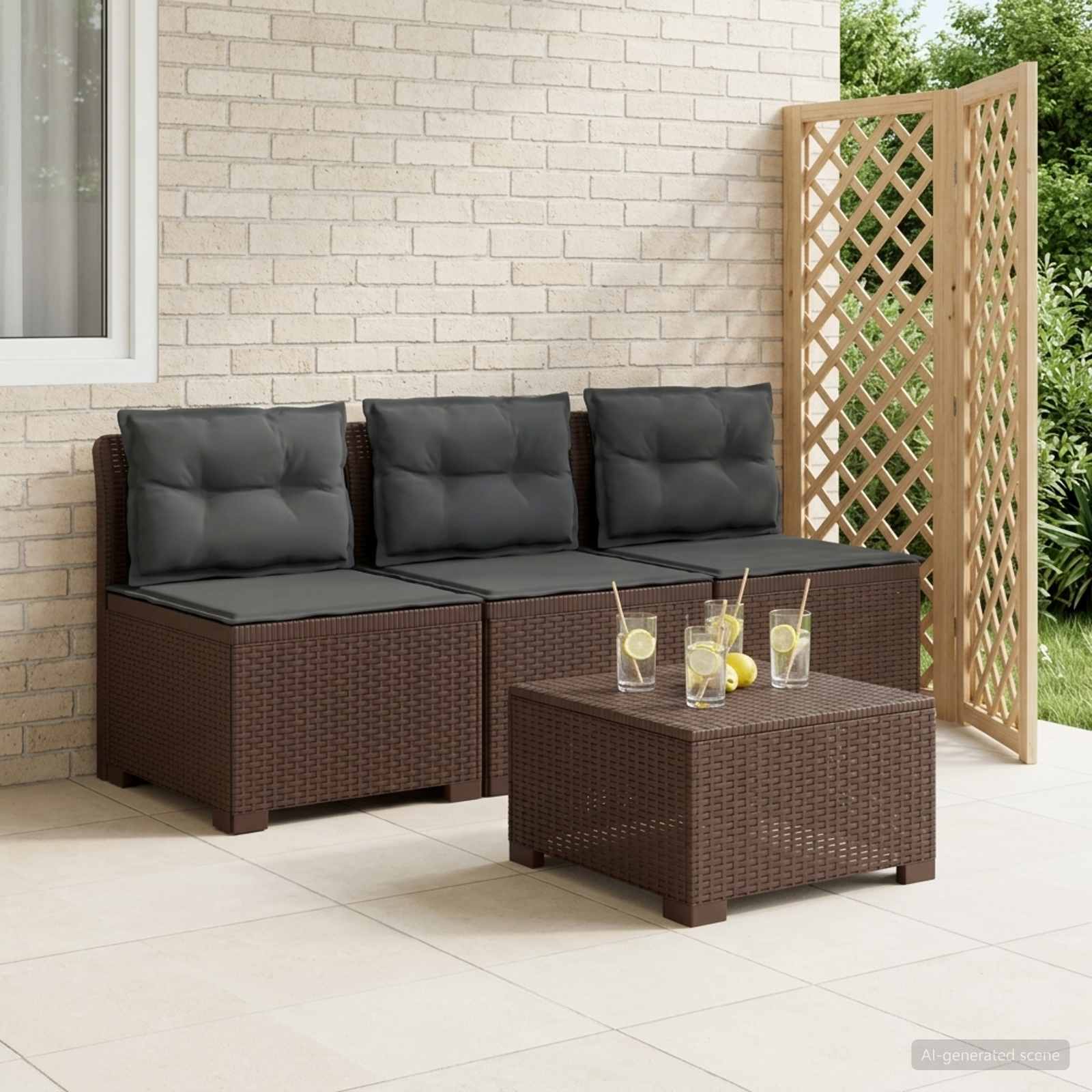 3-Sitzer Garten Sofa mit Kissen Rattan-Look PP Braun