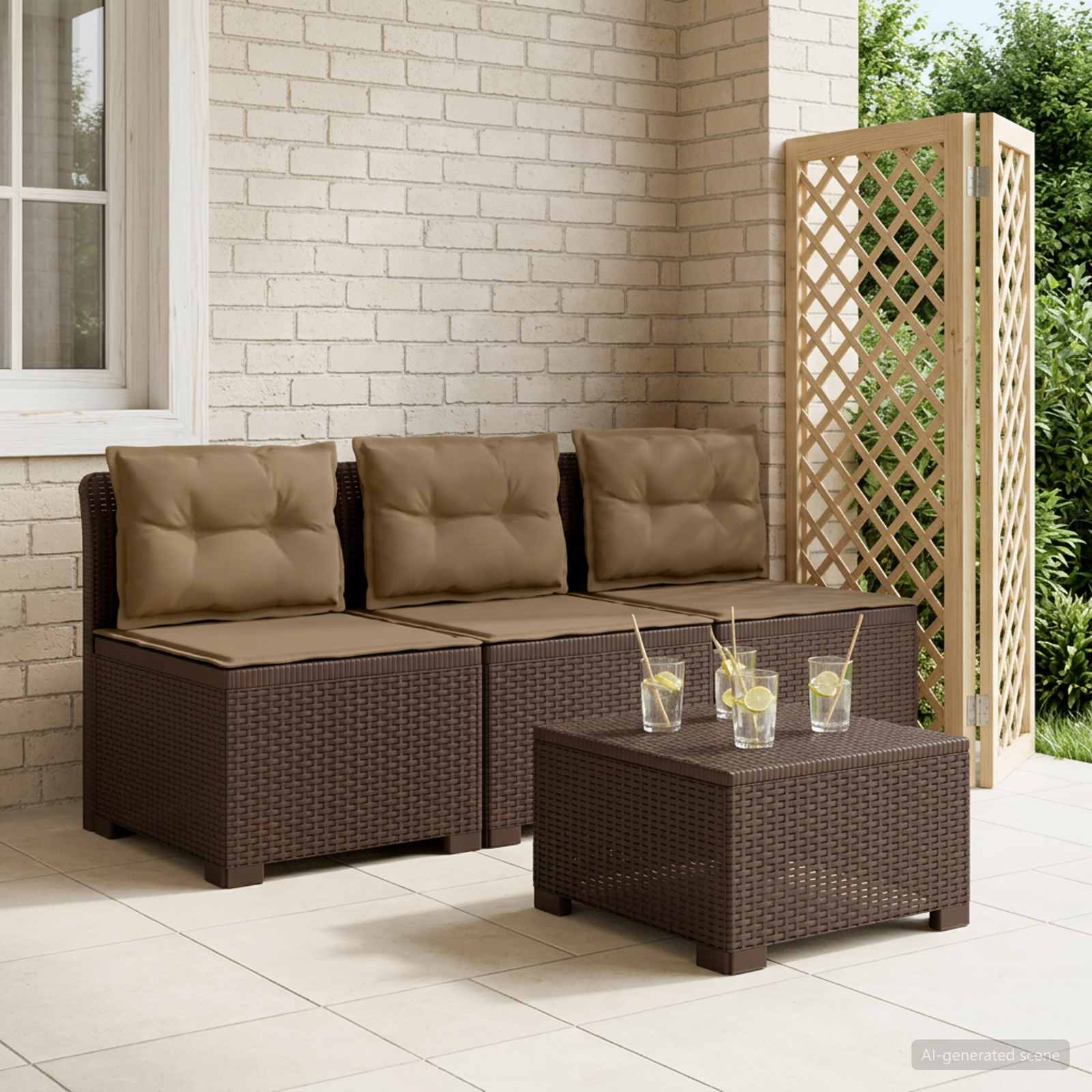 3-Sitzer Garten Sofa mit Kissen Rattan-Look PP Braun