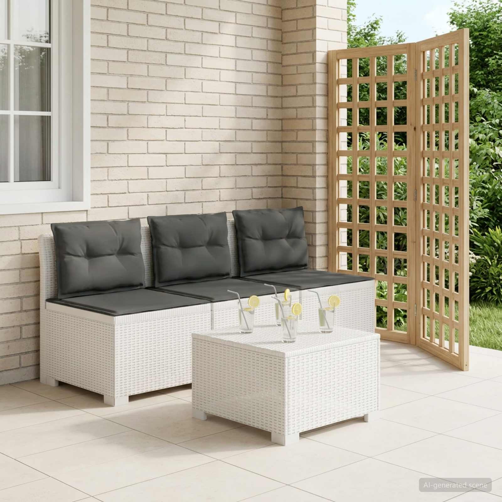 3-Sitzer Garten Sofa mit Kissen Rattan-Look PP Weiß