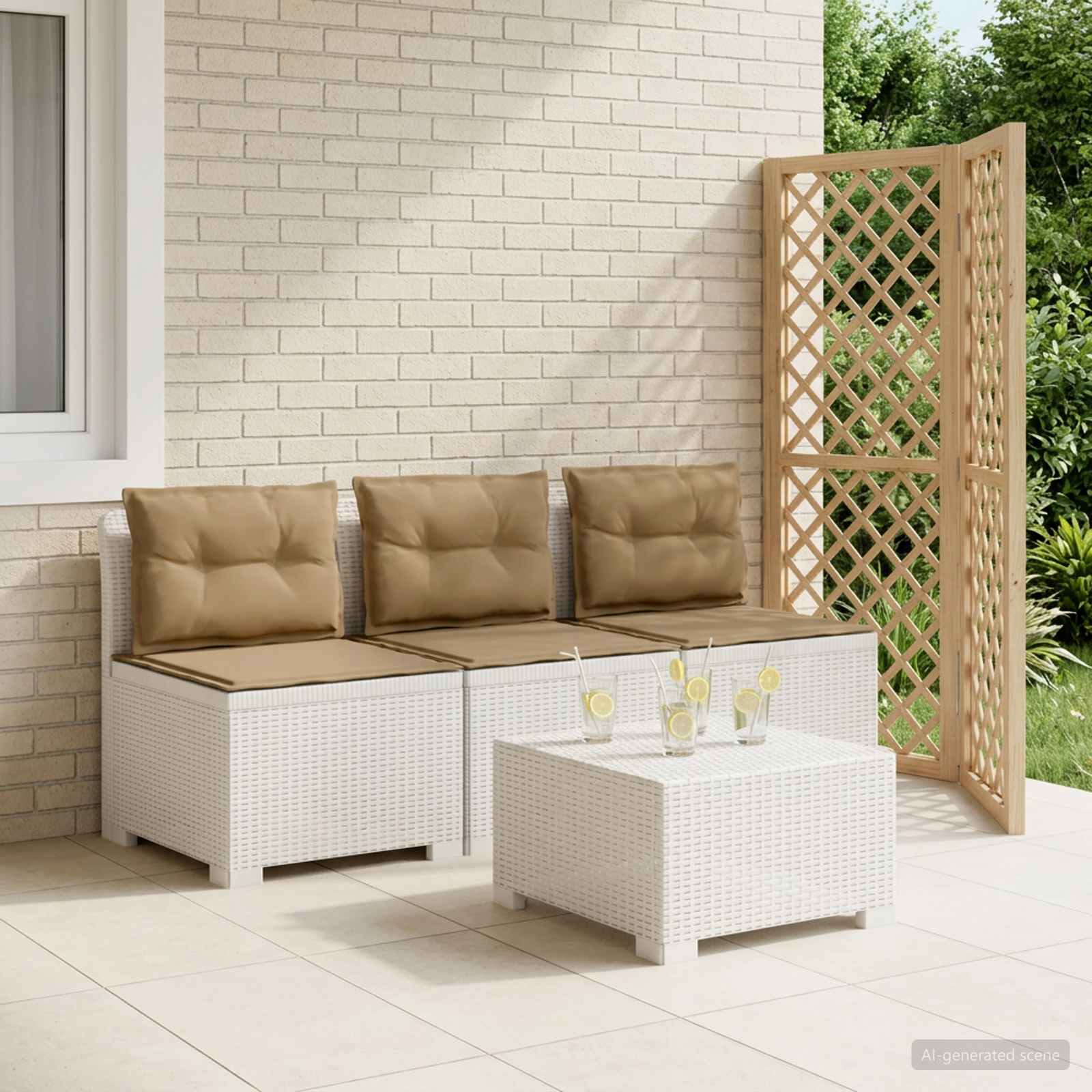 3-Sitzer Garten Sofa mit Kissen Rattan-Look PP Weiß
