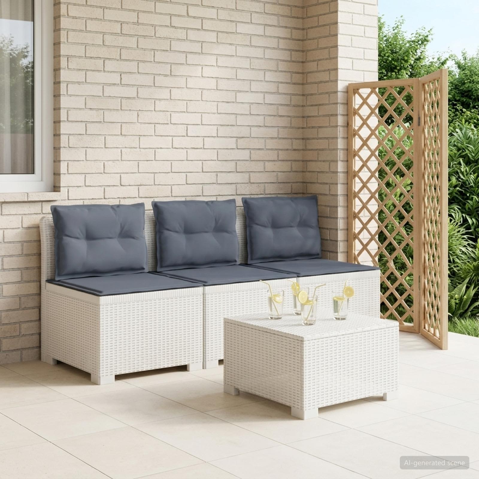 3-Sitzer Garten Sofa mit Kissen Rattan-Look PP Weiß