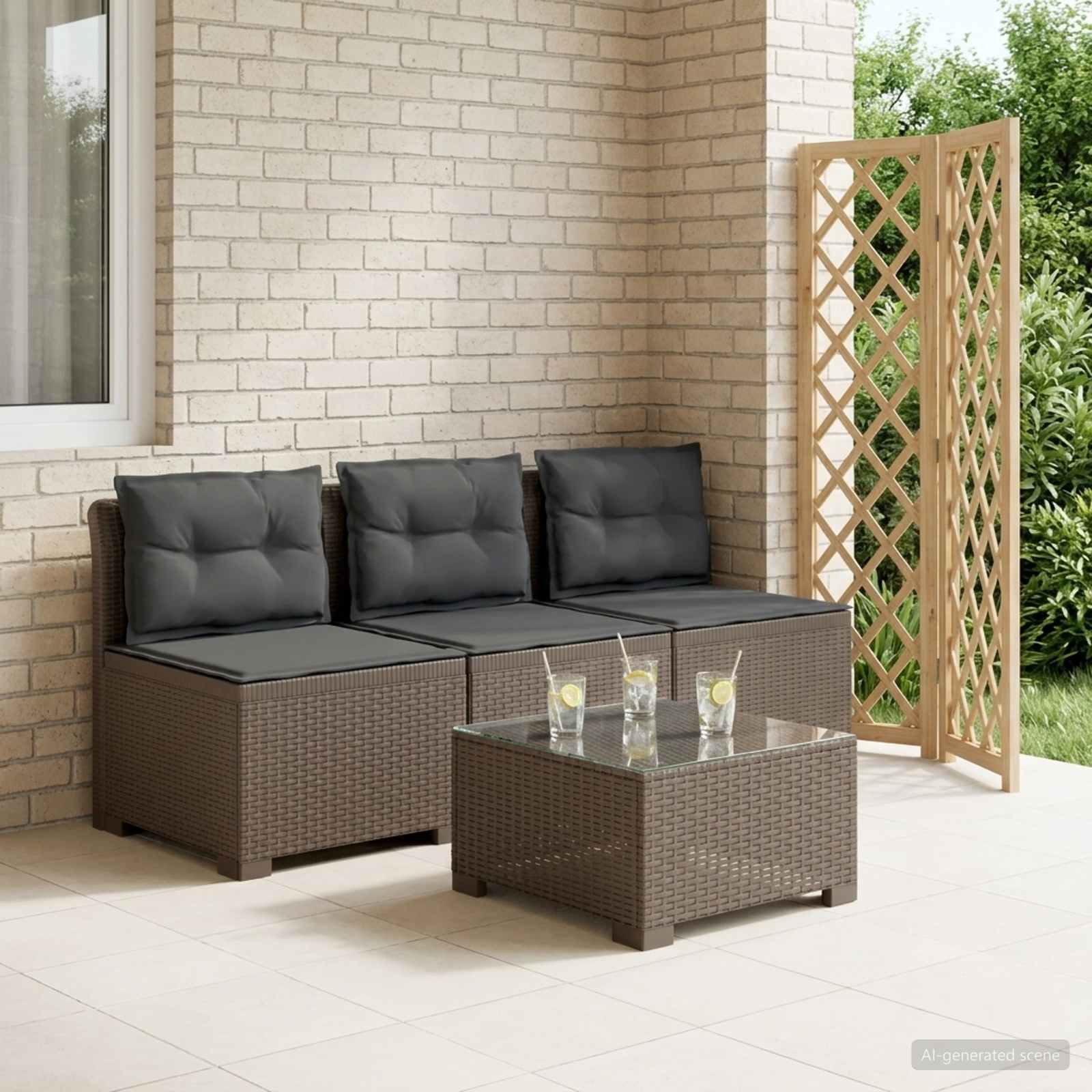 3-Sitzer Garten Sofa mit Kissen Rattan-Look PP Hellgrau