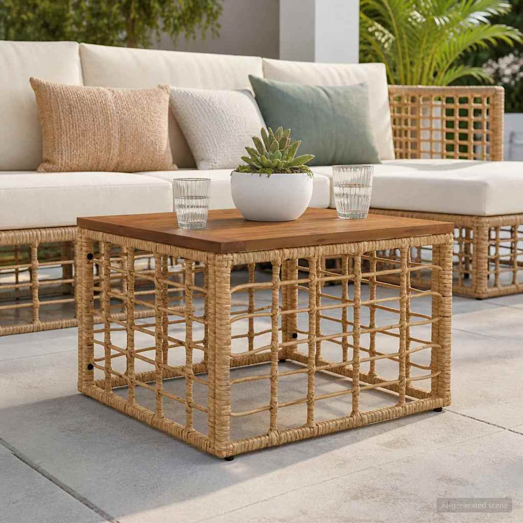 Gartentisch Natur 55 x 55 x 37 cm PE Rattan und Glas
