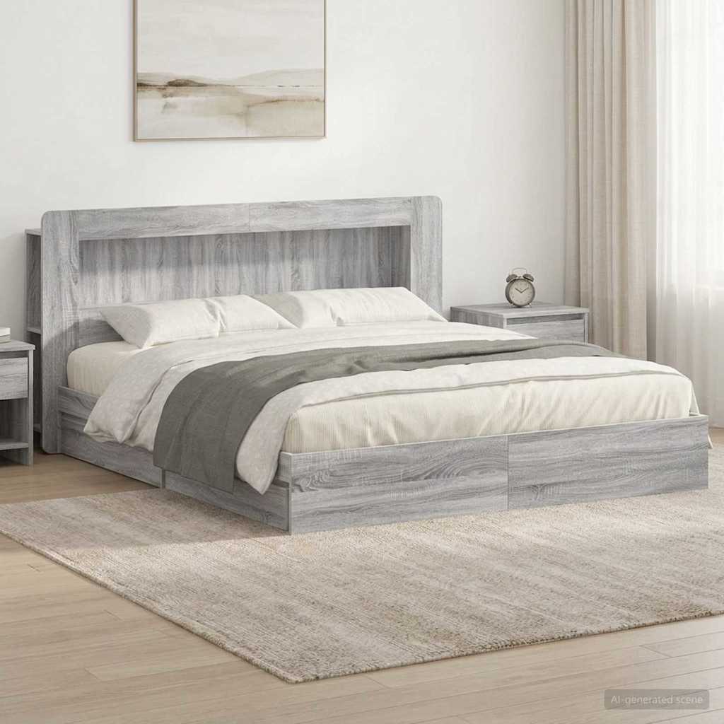 Bettgestell mit Stauraum Grau Sonoma 200 x 200 cm Holzwerkstoff