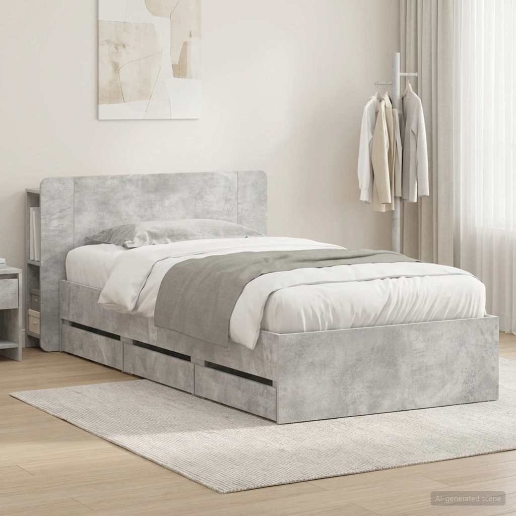 Bettgestell mit Stauraum und Kopfteil Betongrau 75 x 190 cm
