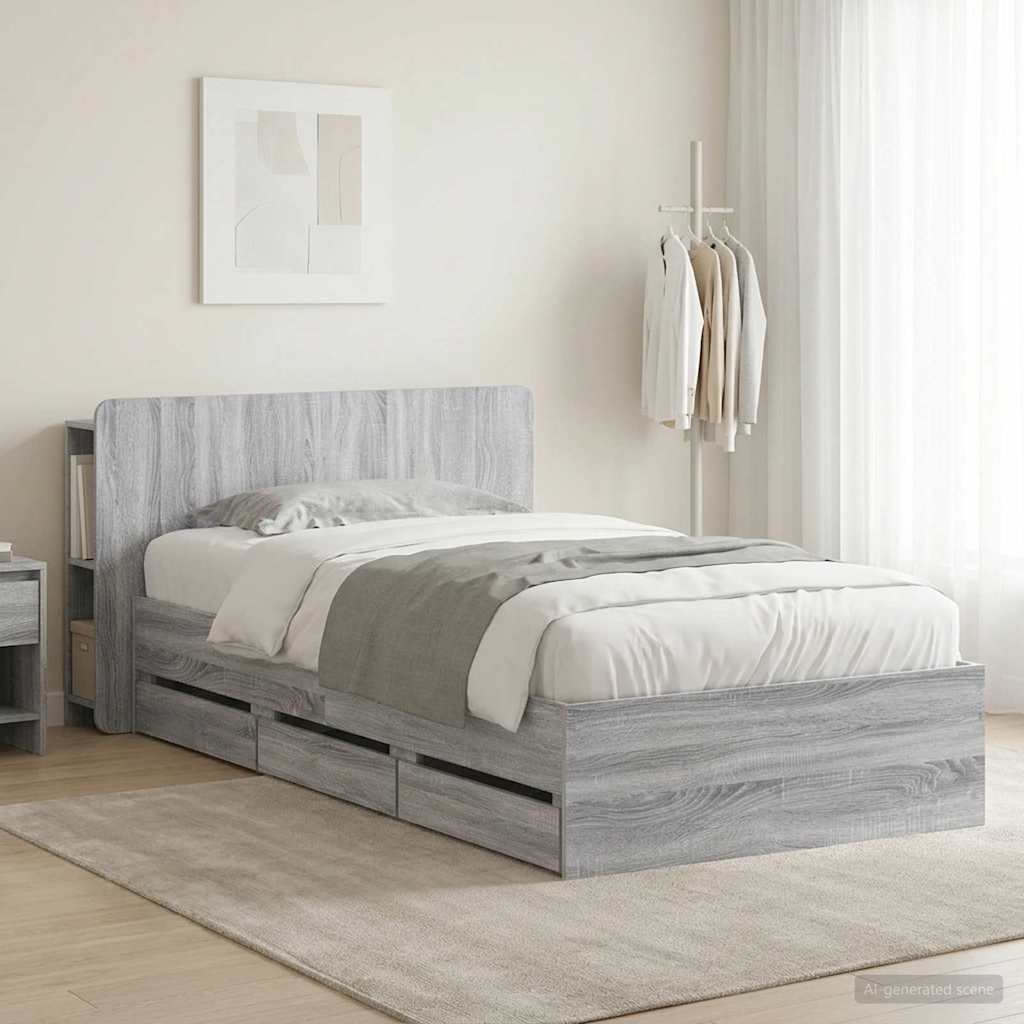 Bettgestell mit Stauraum und Kopfteil Sonoma-Grau 75 x 190 cm