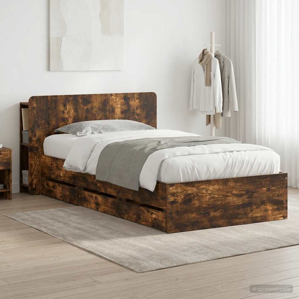 Bettgestell mit Stauraum und Kopfteil Räuchereiche 90 x 200 cm