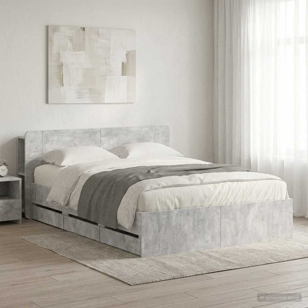 Bettgestell mit Stauraum und Kopfteil Betongrau 150 x 200 cm