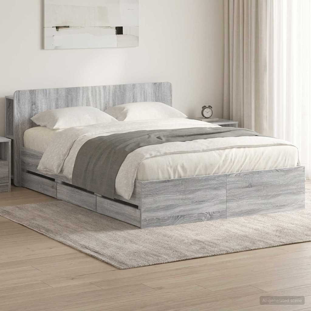 Bettgestell mit Stauraum und Kopfteil Sonoma-Grau 150 x 200 cm
