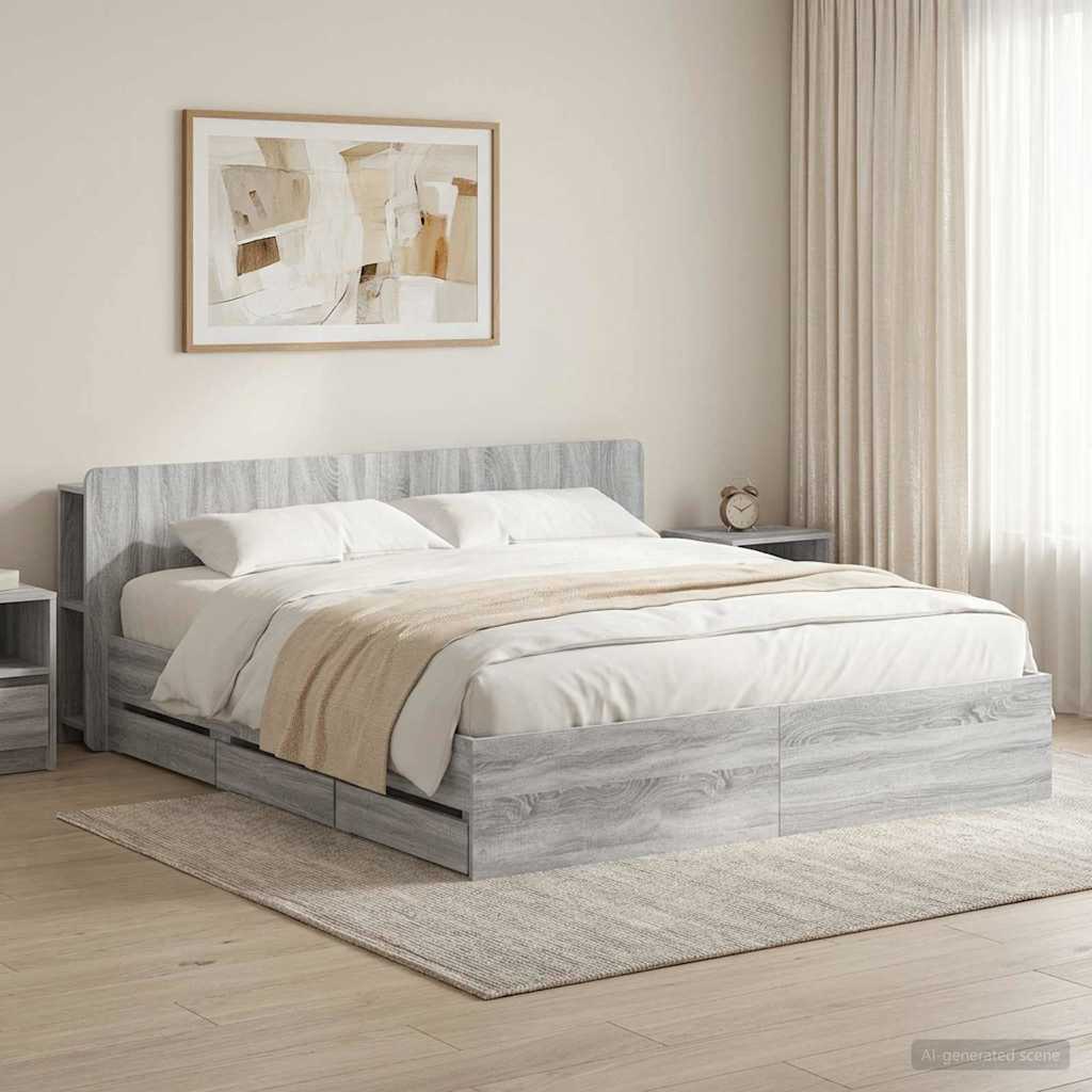 Bettgestell mit Stauraum und Kopfteil Sonoma-Grau 180 x 200 cm