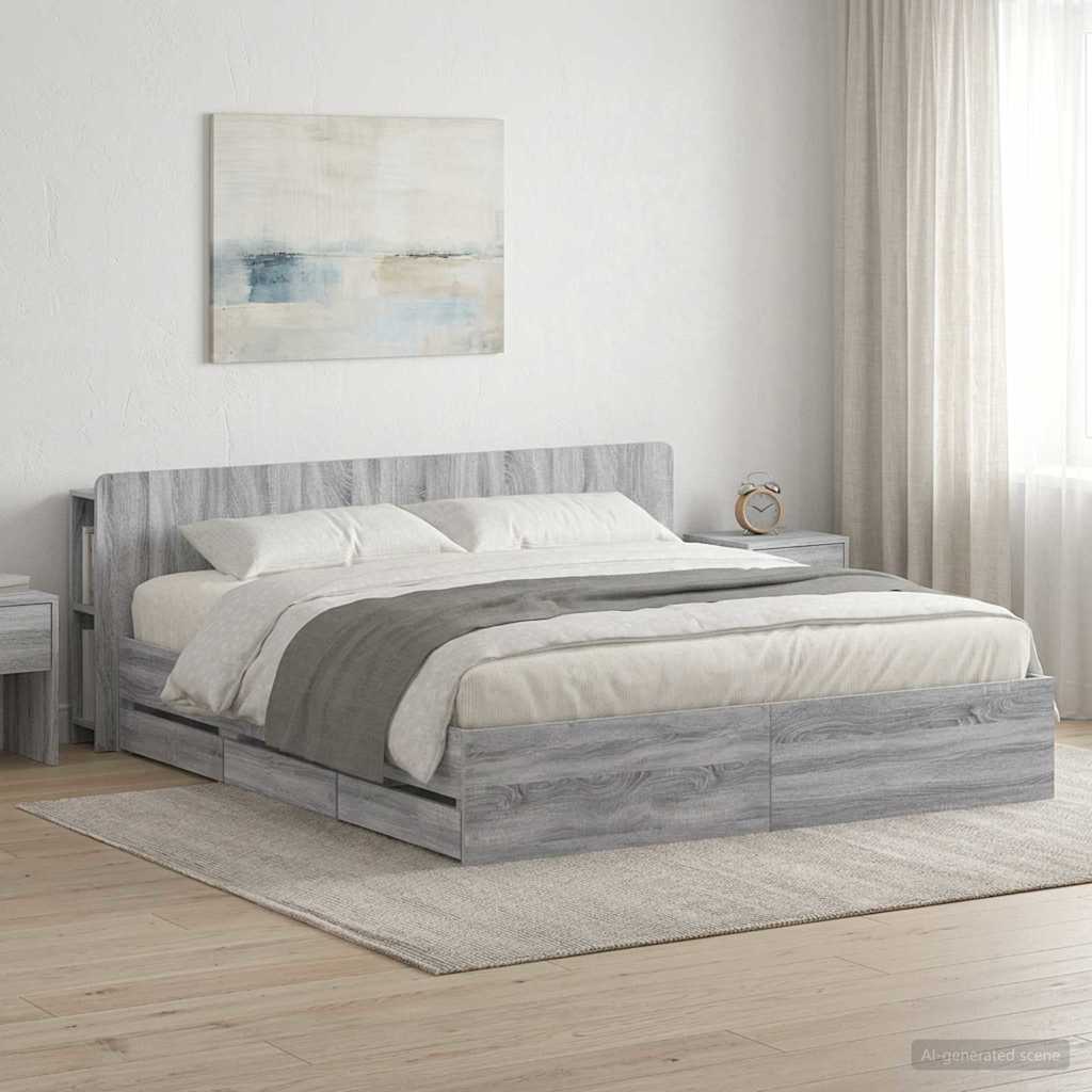 Bettgestell mit Stauraum und Kopfteil Sonoma-Grau 200 x 200 cm