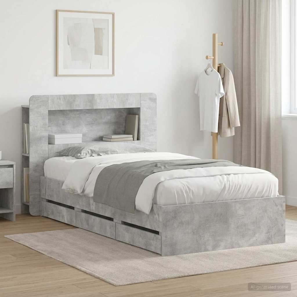 Bettgestell mit Stauraum und Kopfteil Betongrau 75 x 190 cm