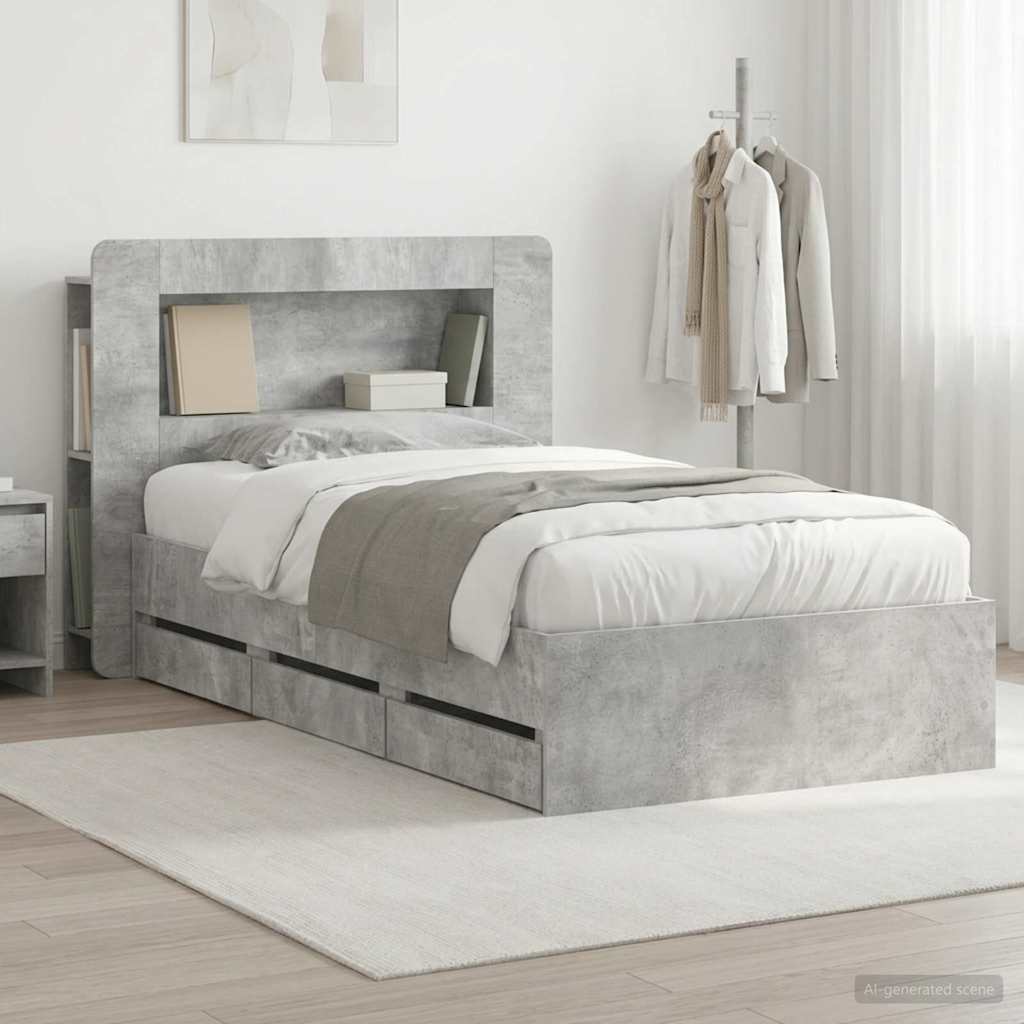 Bettgestell mit Stauraum und Kopfteil Betongrau 90 x 190 cm