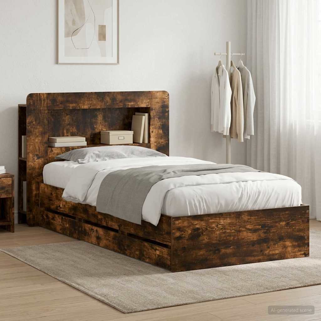 Bettgestell mit Stauraum und Kopfteil Räuchereiche 90 x 190 cm