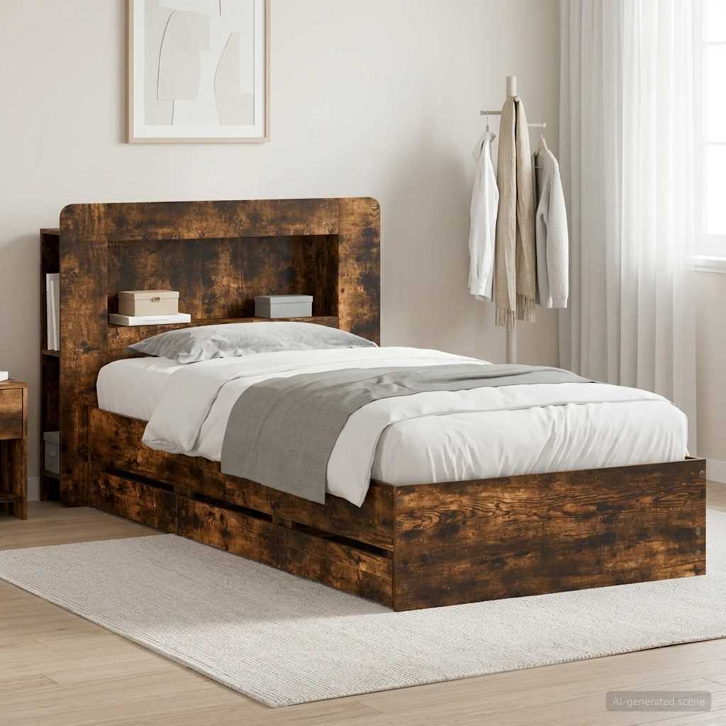 Bettgestell mit Stauraum und Kopfteil Räuchereiche 90 x 200 cm