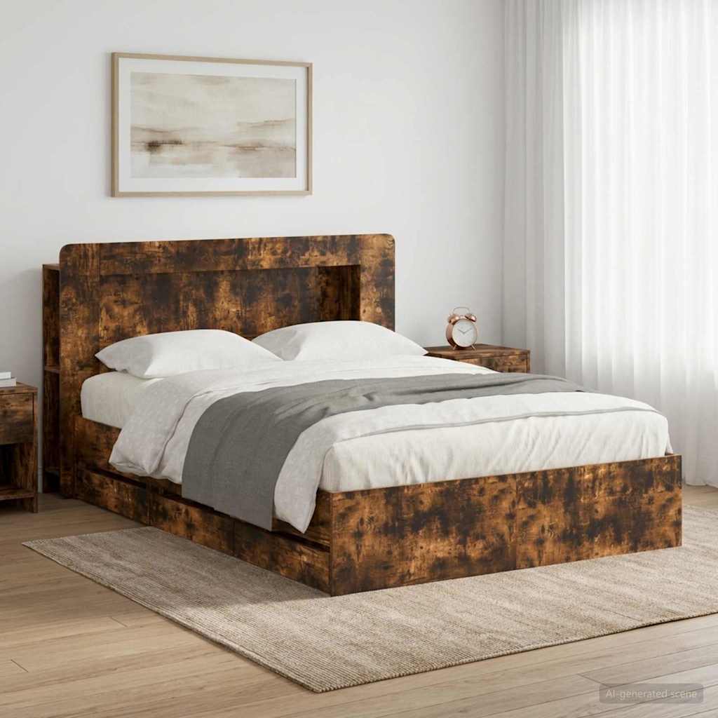 Bettgestell mit Stauraum und Kopfteil Räuchereiche 135 x 190 cm