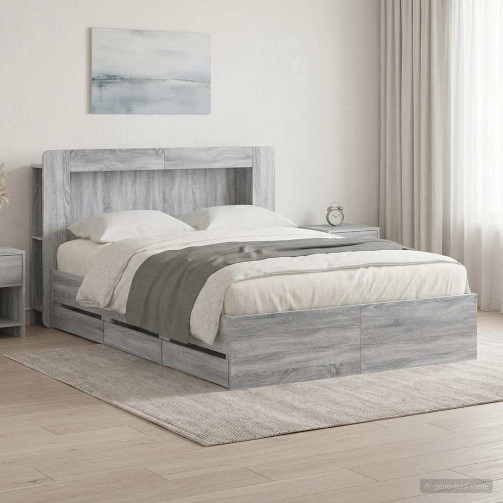 Bettgestell mit Stauraum und Kopfteil Sonoma-Grau 140 x 200 cm