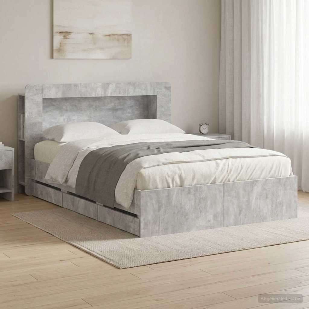 Bettgestell mit Stauraum und Kopfteil Betongrau 150 x 200 cm