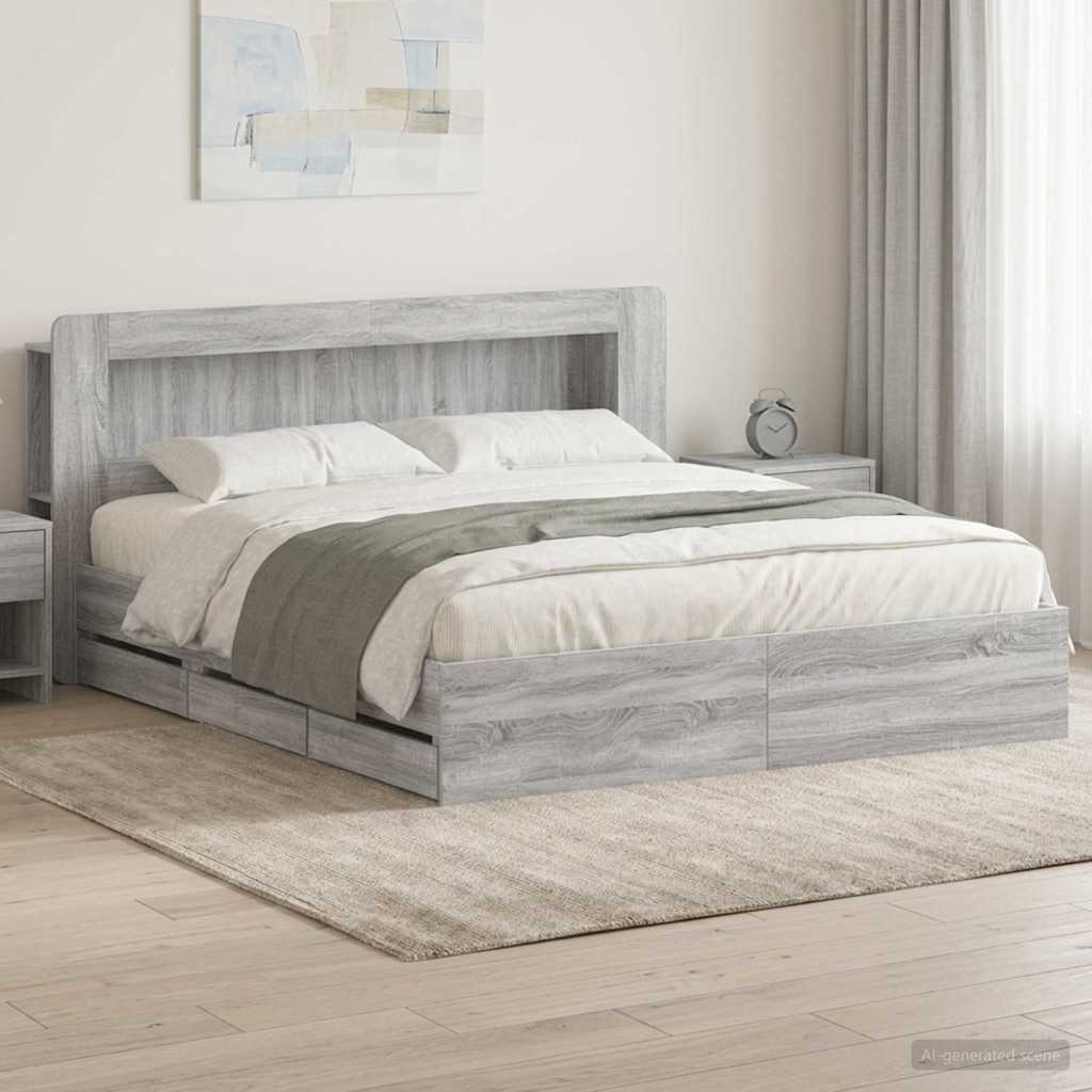 Bettgestell mit Stauraum und Kopfteil Sonoma-Grau 200 x 200 cm