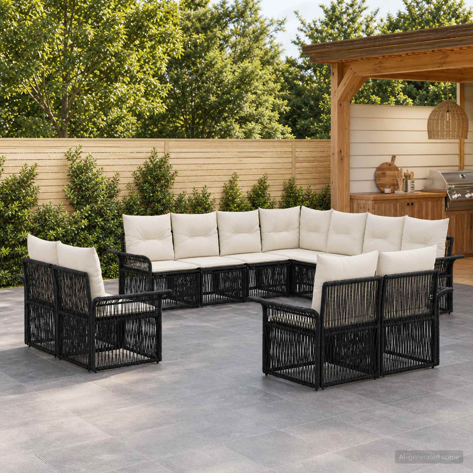 Gartensofa-set 11 stk. Schwarz und Cremeweiß Poly-Rattan