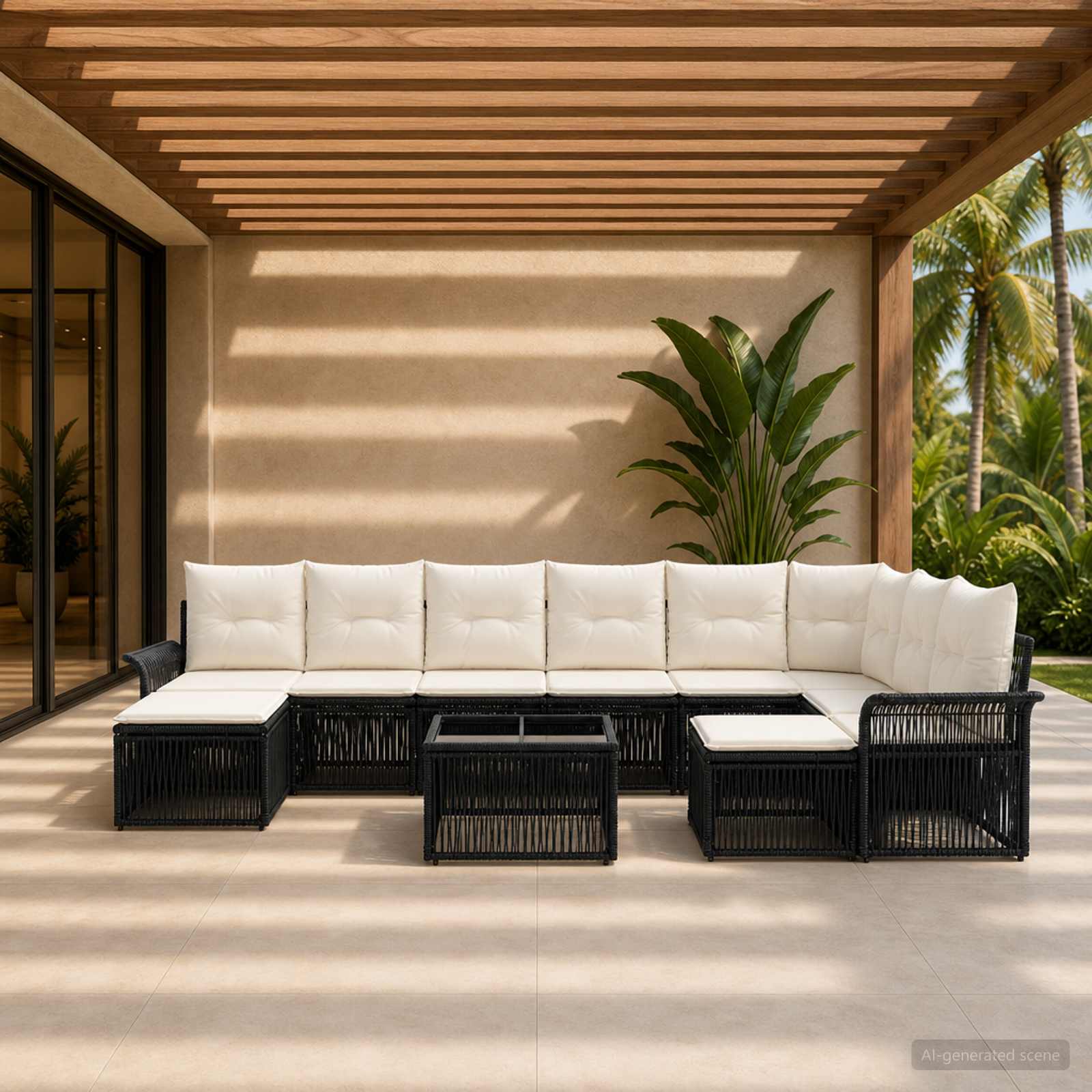 Gartensofa-set 10 stk. Schwarz und Cremeweiß Poly-Rattan