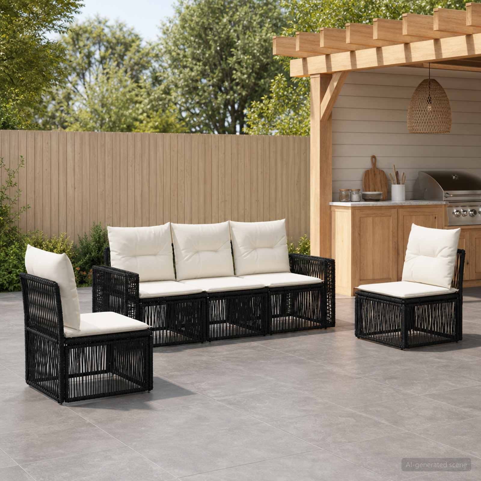 Gartensofa-set 5 stk. Schwarz und Cremeweiß Poly-Rattan