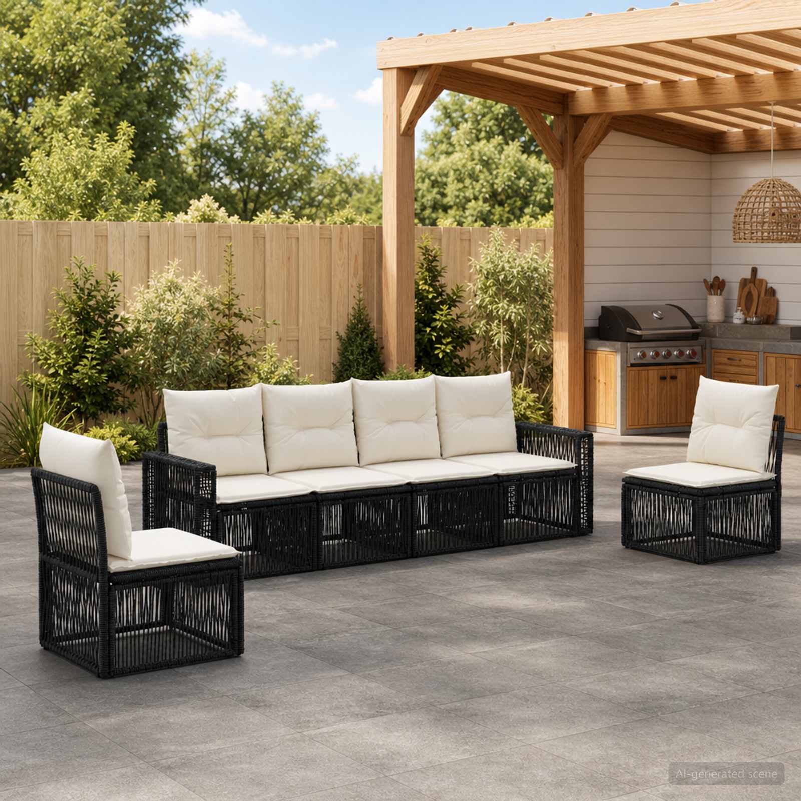 Gartensofa-set 6 stk. Schwarz und Cremeweiß Poly-Rattan