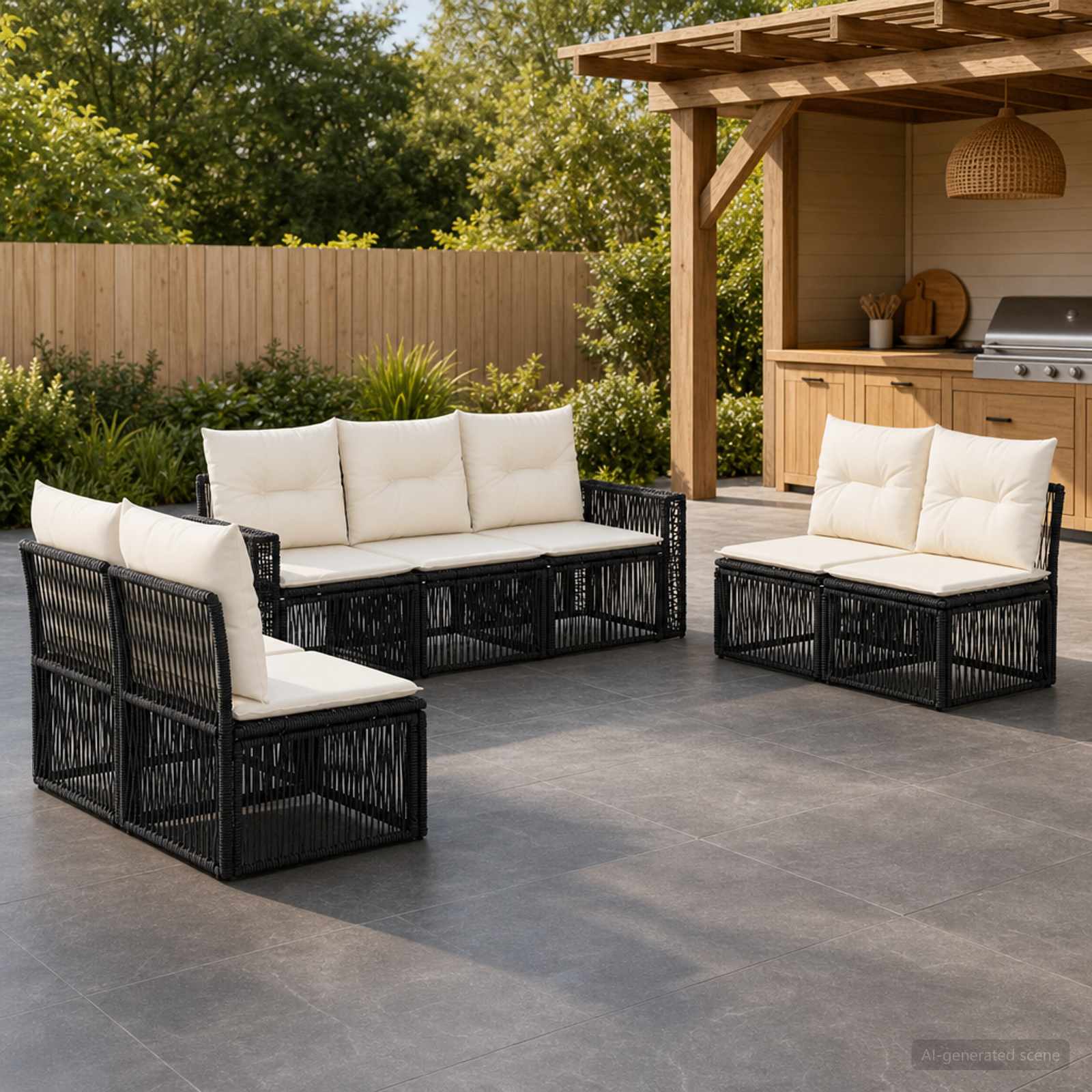 Gartensofa-set 7 stk. Schwarz und Cremeweiß Poly-Rattan