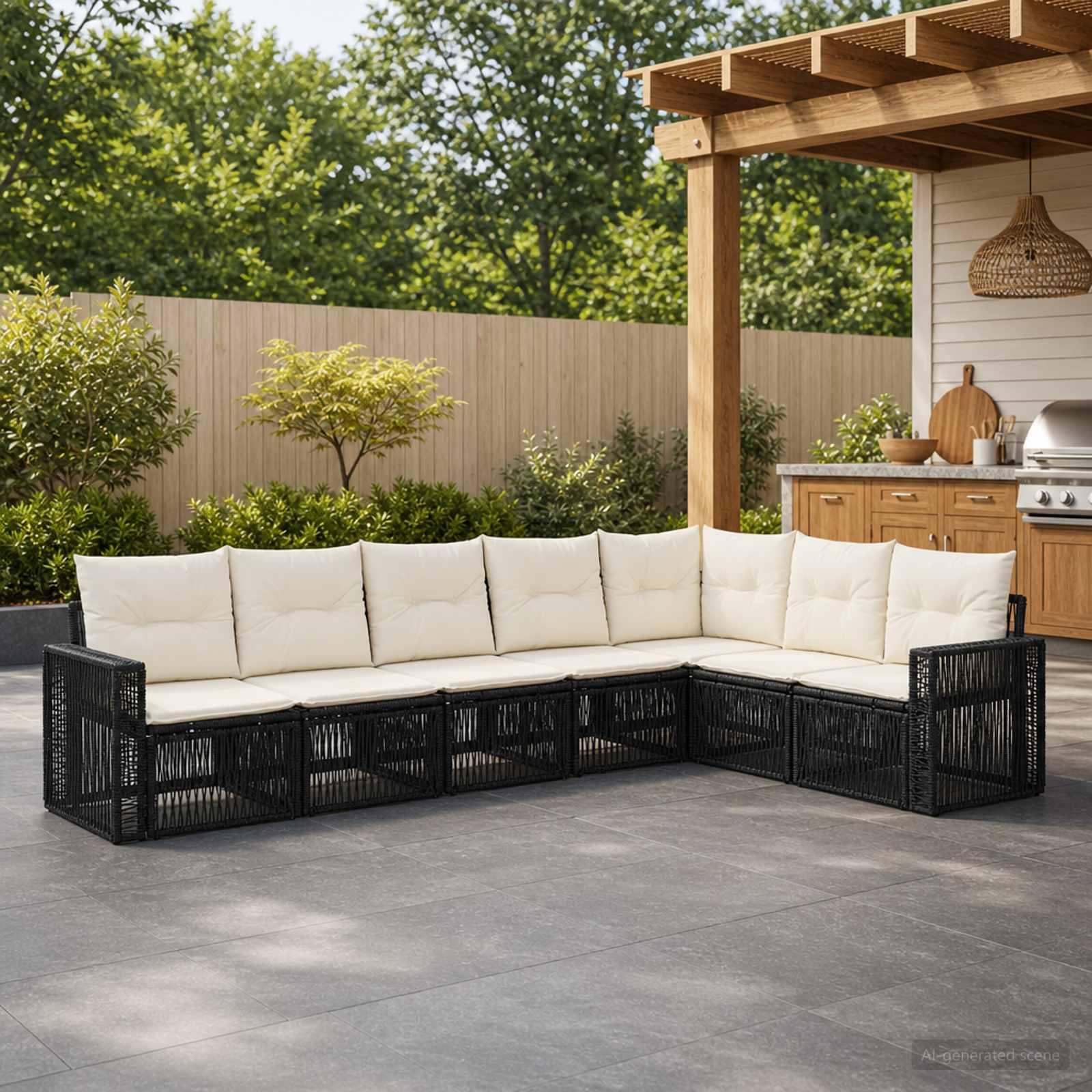 Gartensofa-set 7 stk. Schwarz und Cremeweiß Poly-Rattan