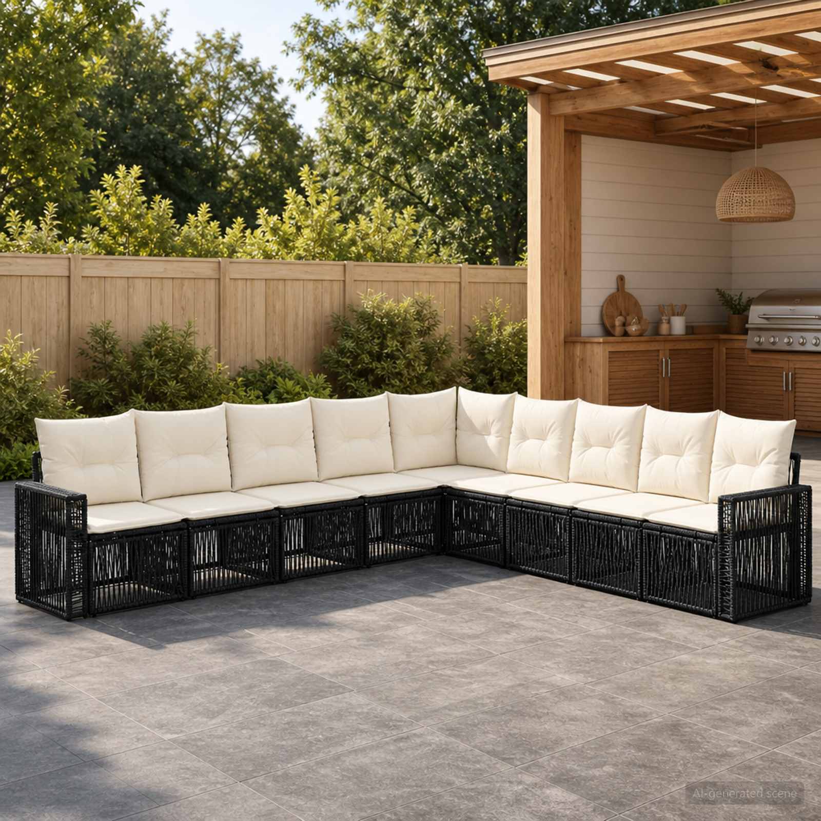 Gartensofa-set 9 stk. Schwarz und Cremeweiß Poly-Rattan