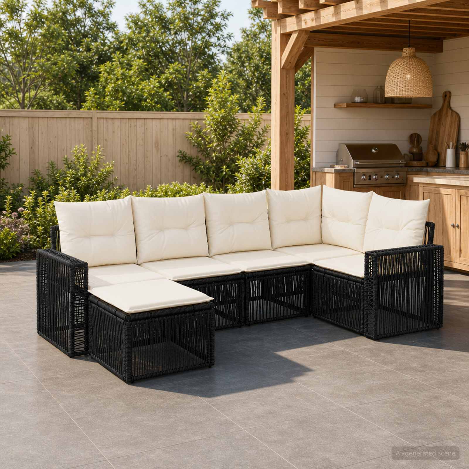Gartensofa-set 6 stk. Schwarz und Cremeweiß Poly-Rattan