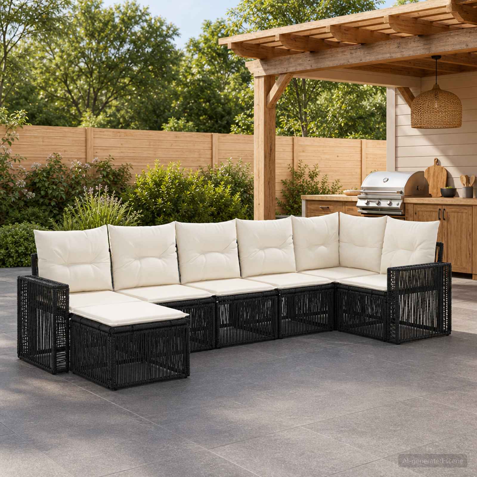 Gartensofa-set 7 stk. Schwarz und Cremeweiß Poly-Rattan