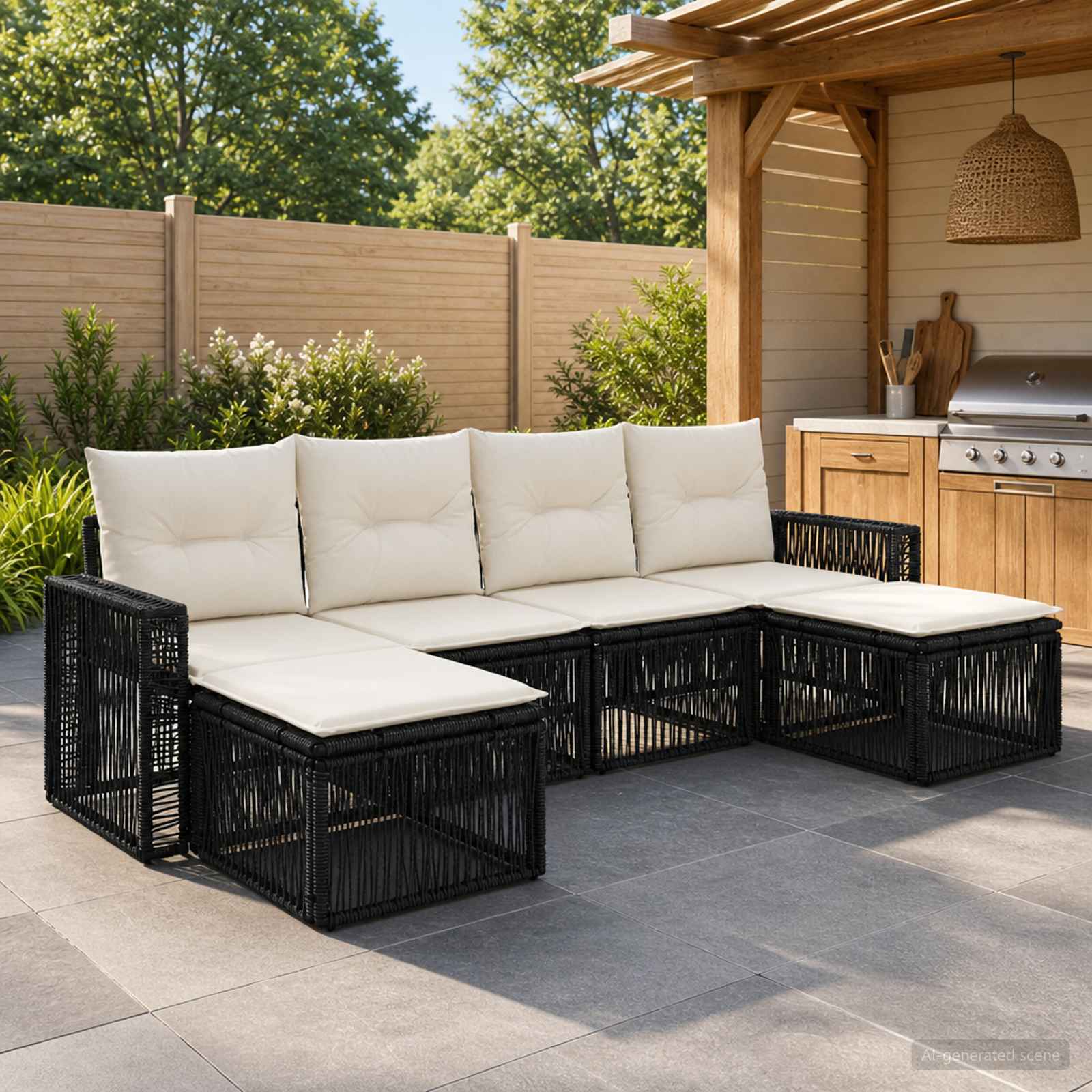 Gartensofa-set 6 stk. Schwarz und Cremeweiß Poly-Rattan