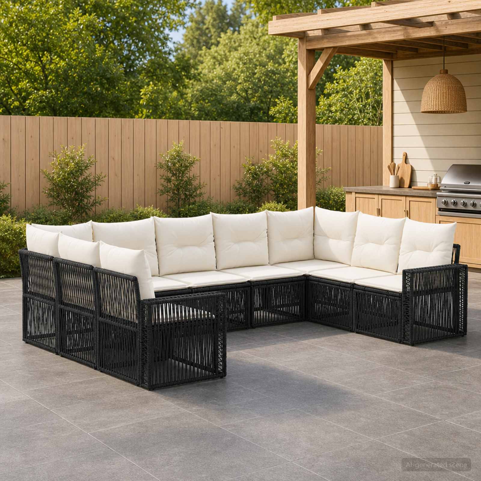 Gartensofa-set 9 stk. Schwarz und Cremeweiß Poly-Rattan