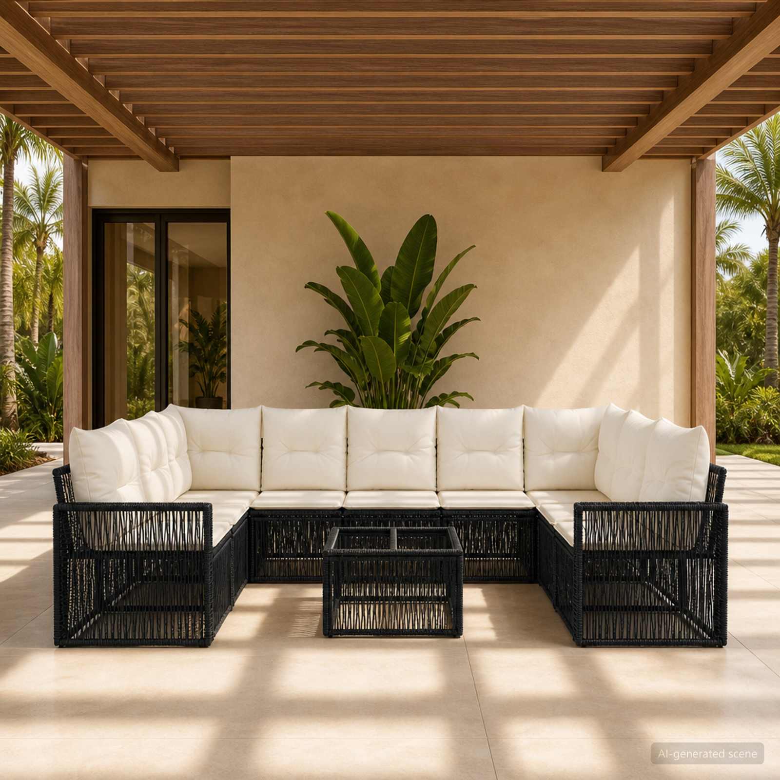 Gartensofa-set 10 stk. Schwarz und Cremeweiß Poly-Rattan