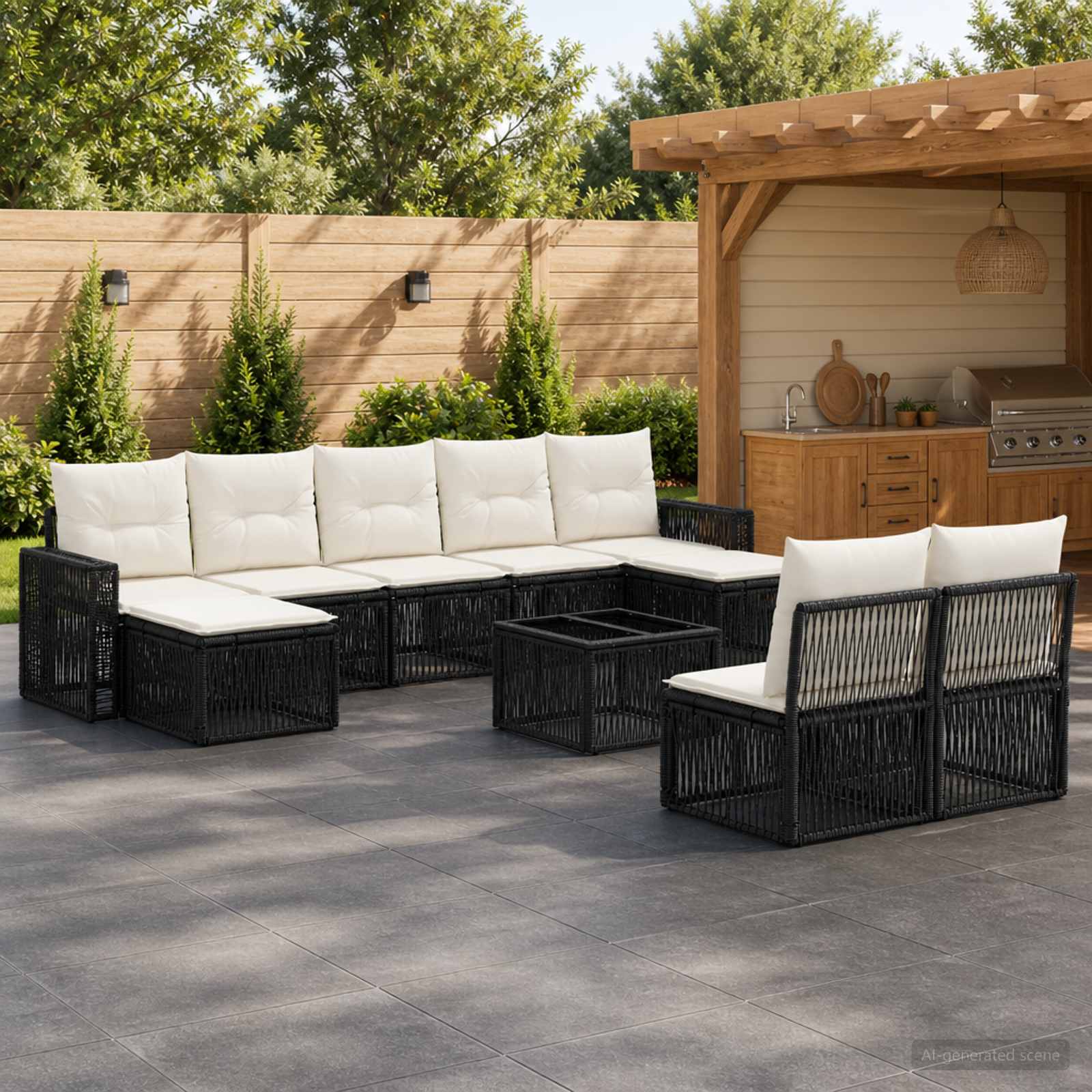 Gartensofa-set 10 stk. Schwarz und Cremeweiß Poly-Rattan
