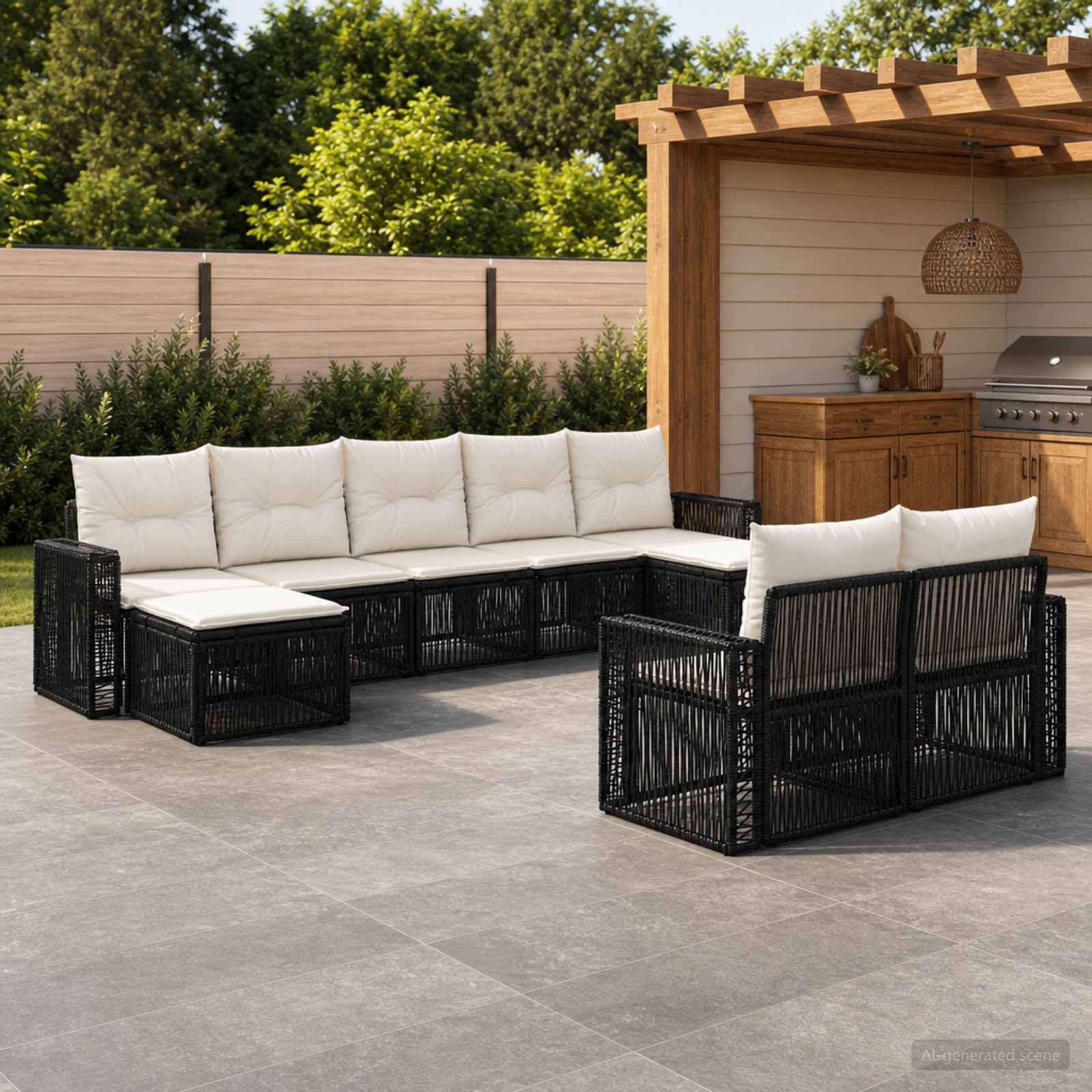 Gartensofa-set 9 stk. Schwarz und Cremeweiß Poly-Rattan