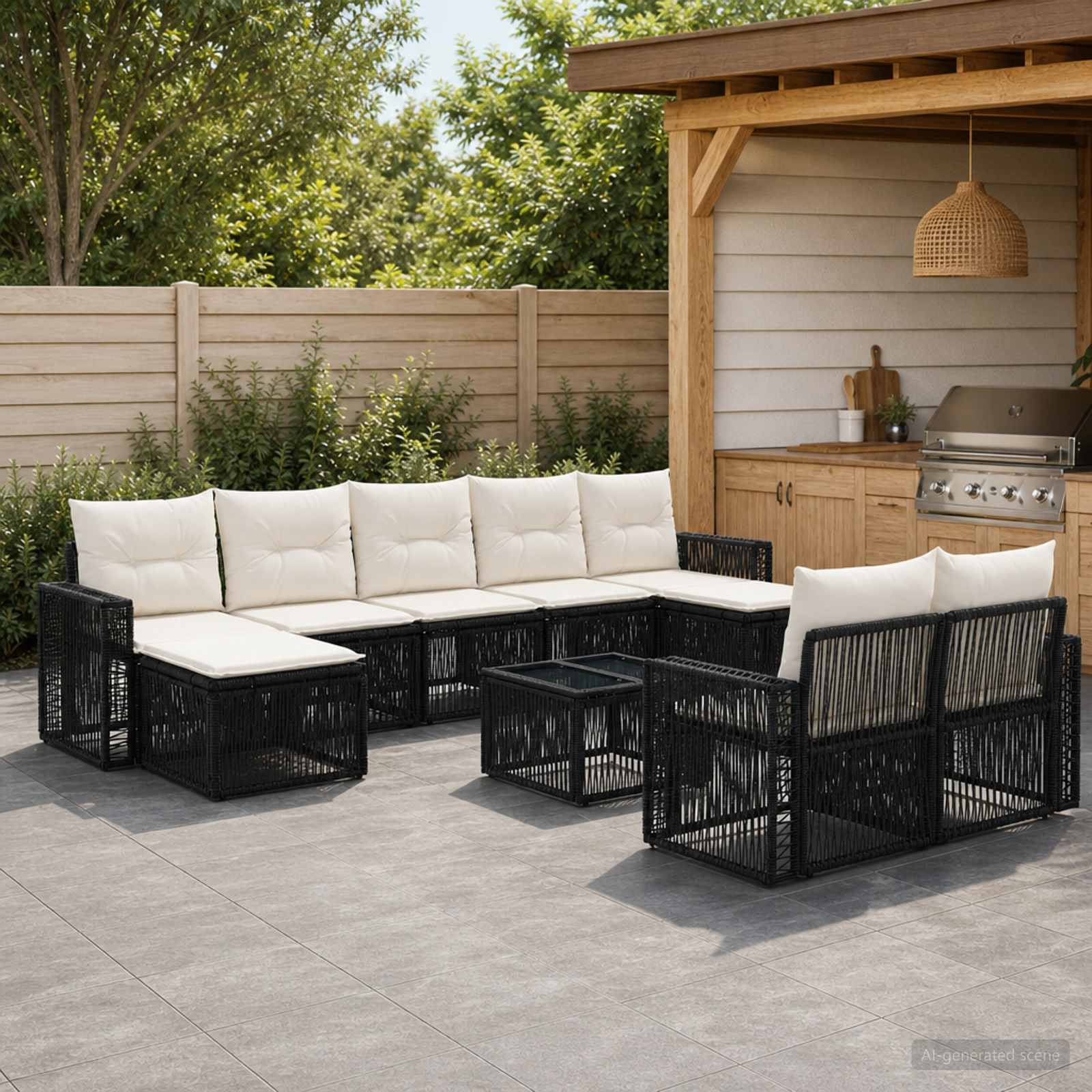 Gartensofa-set 10 stk. Schwarz und Cremeweiß Poly-Rattan
