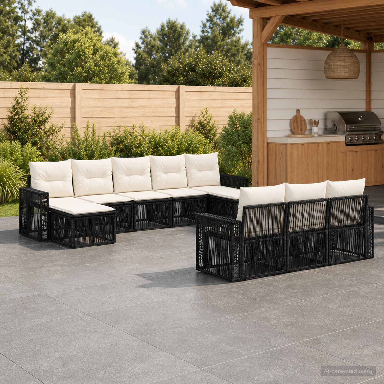 Gartensofa-set 10 stk. Schwarz und Cremeweiß Poly-Rattan