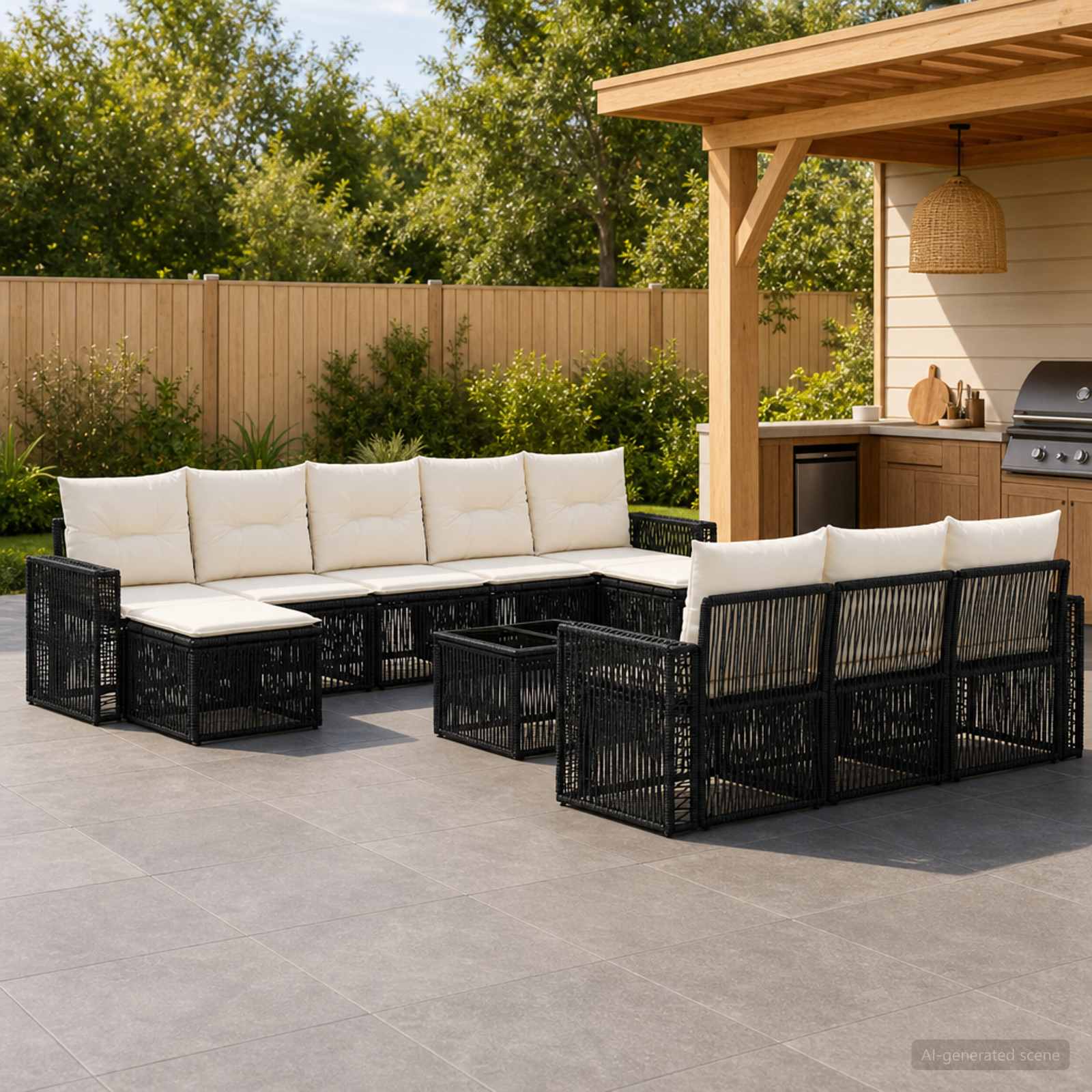 Gartensofa-set 11 stk. Schwarz und Cremeweiß Poly-Rattan