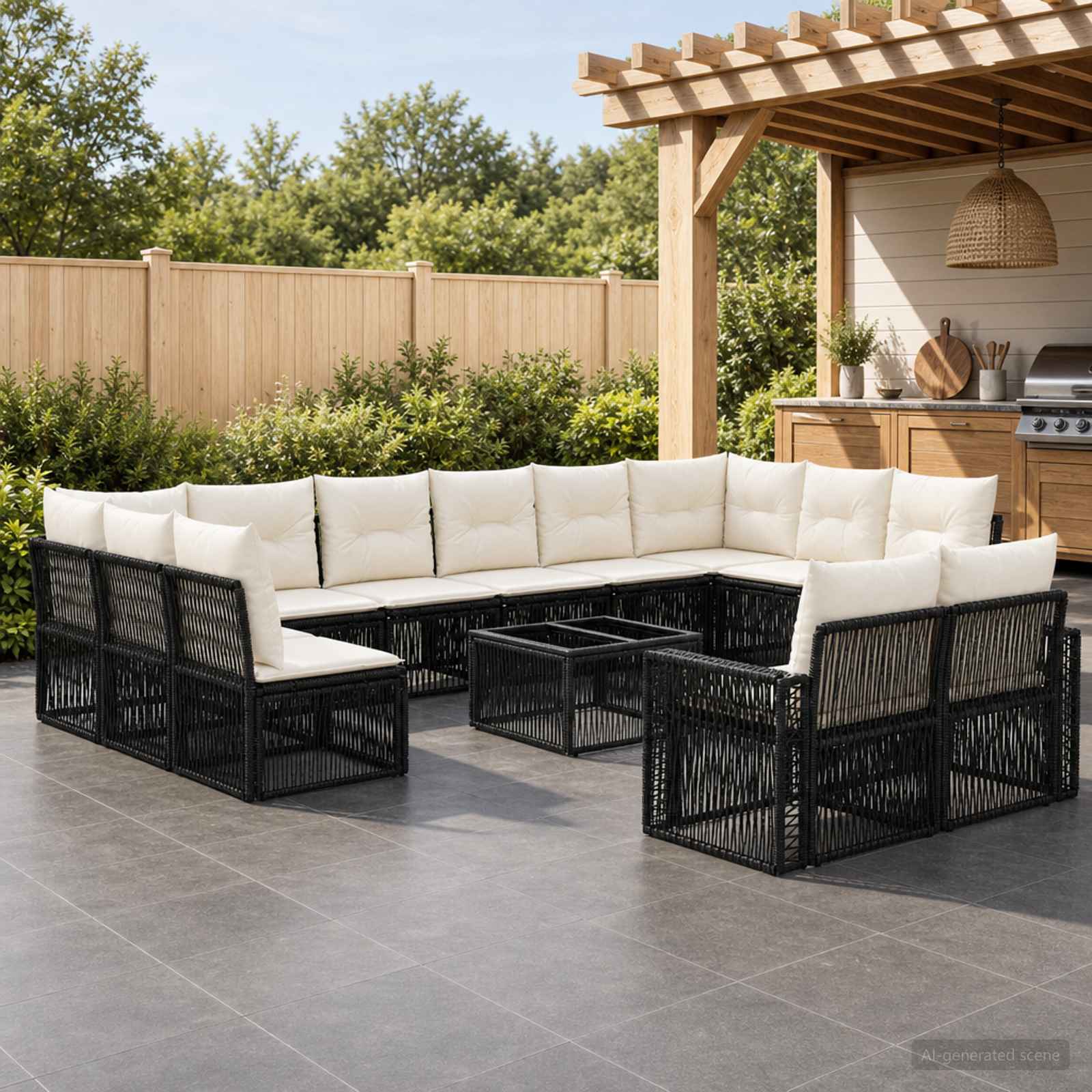 Gartensofa-set 13 stk. Schwarz und Cremeweiß Poly-Rattan