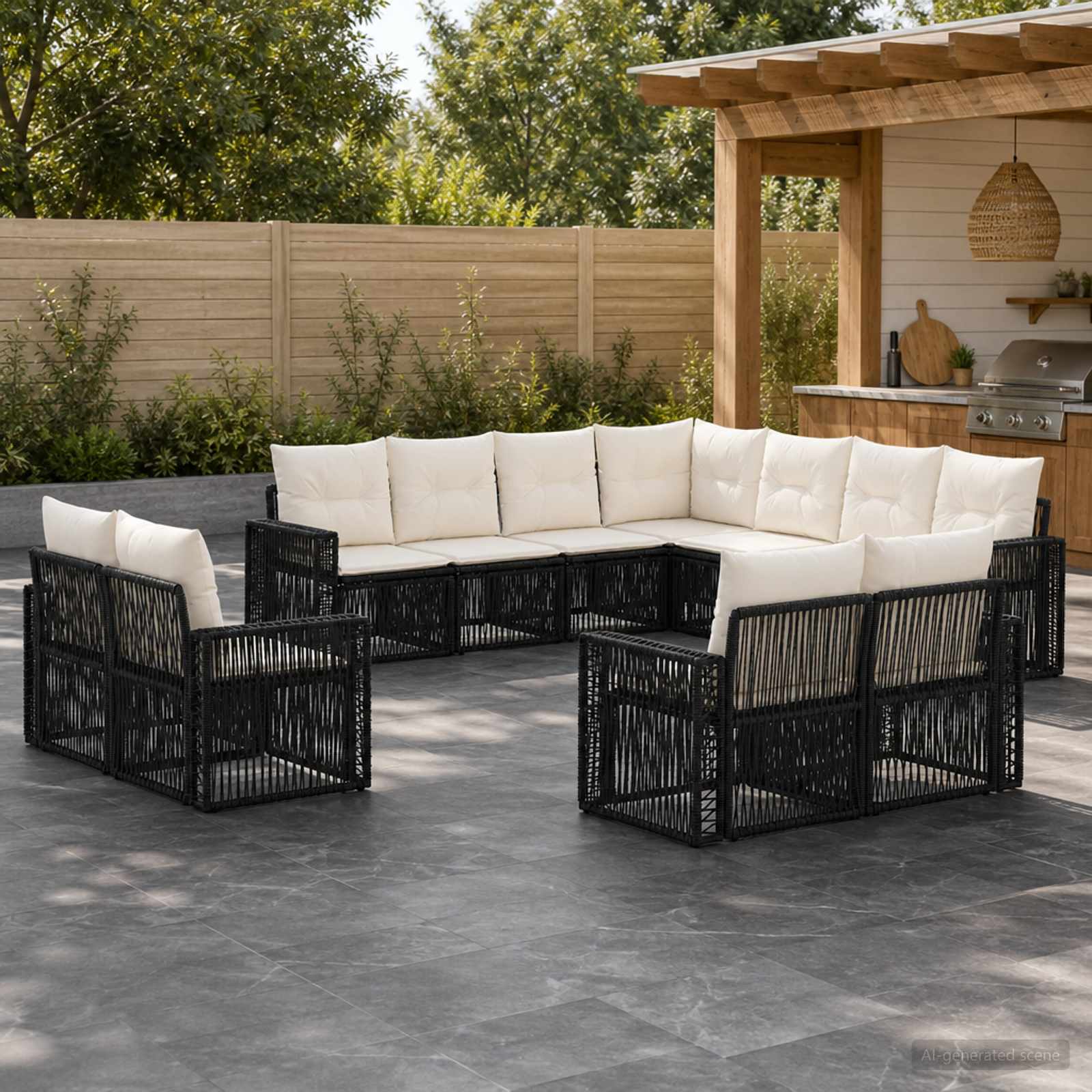 Gartensofa-set 11 stk. Schwarz und Cremeweiß Poly-Rattan