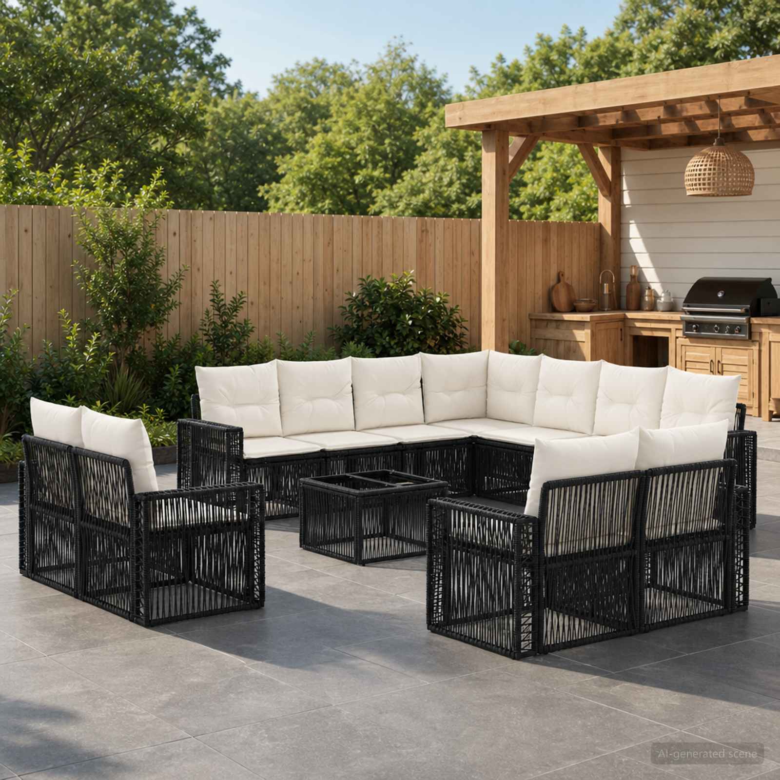 Gartensofa-set 12 stk. Schwarz und Cremeweiß Poly-Rattan