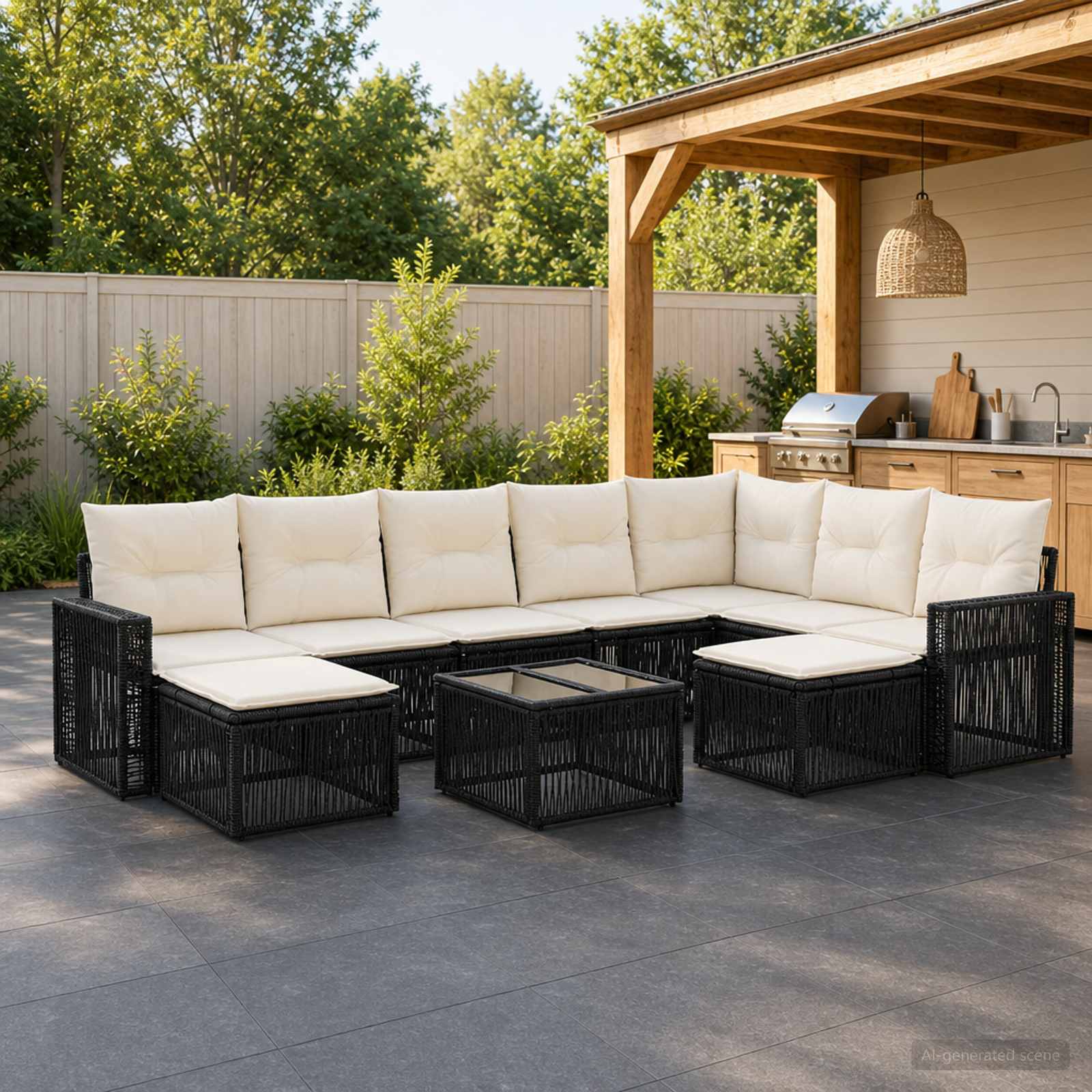 Gartensofa-set 10 stk. Schwarz und Cremeweiß Poly-Rattan