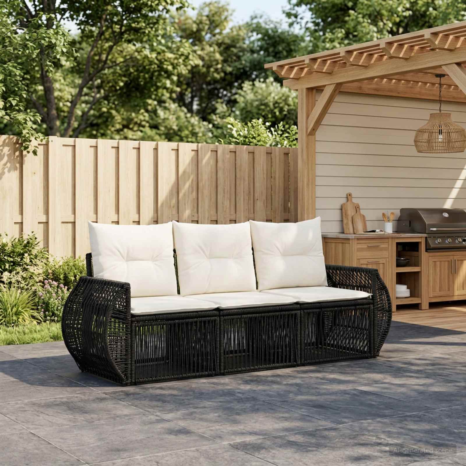 Gartensofa-set 3 stk. Schwarz und Cremeweiß Poly-Rattan