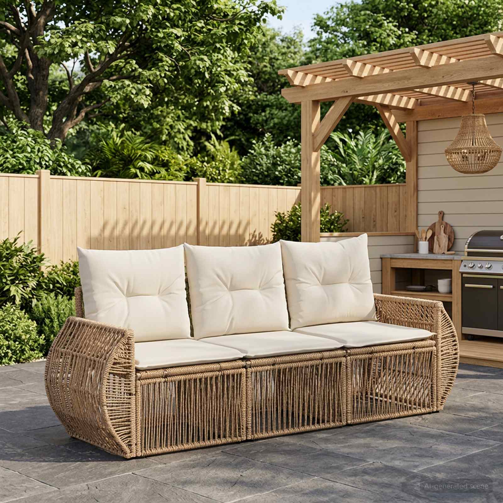 Gartensofa-set 3 stk. Beige und Cremeweiß Poly-Rattan