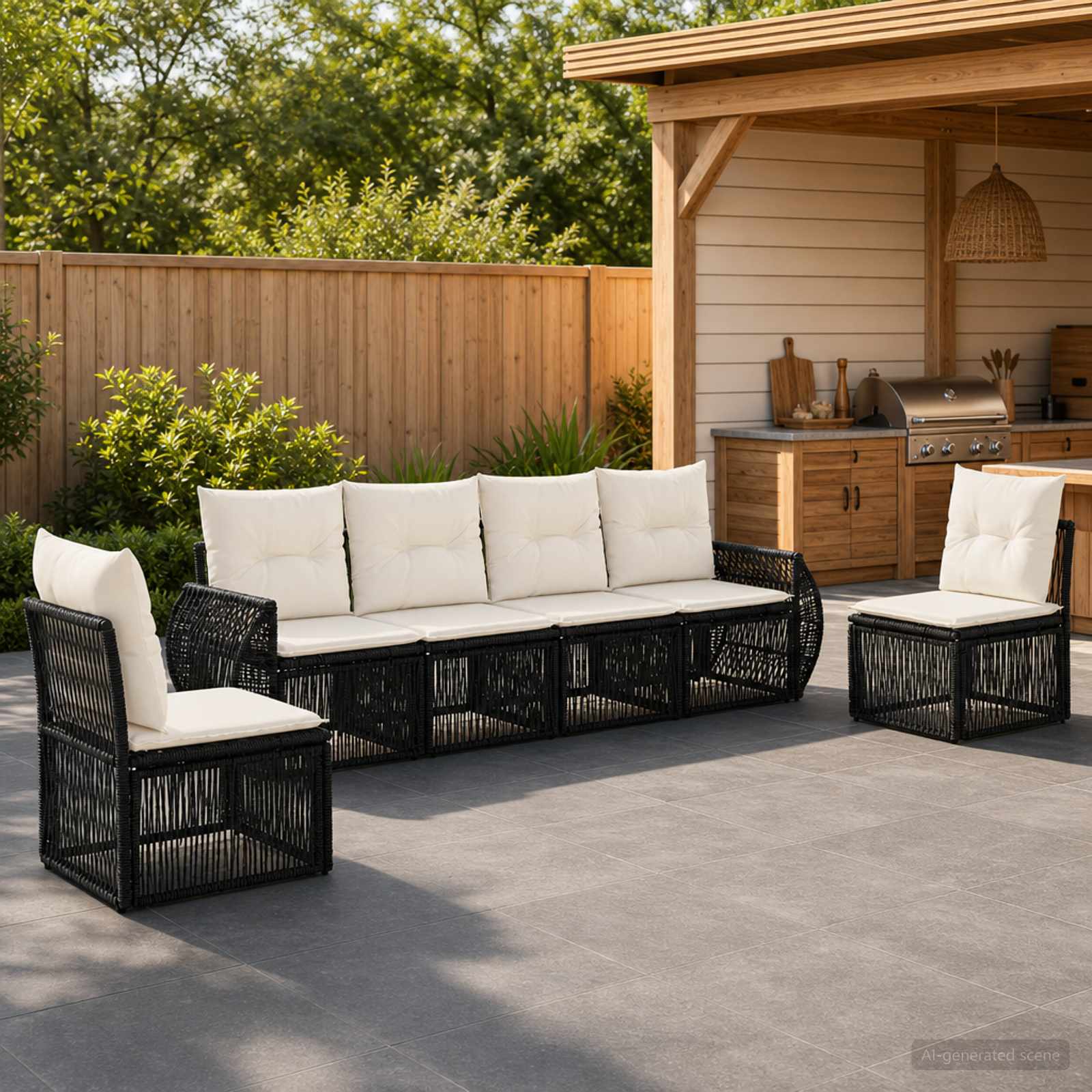 Gartensofa-set 6 stk. Schwarz und Cremeweiß Poly-Rattan