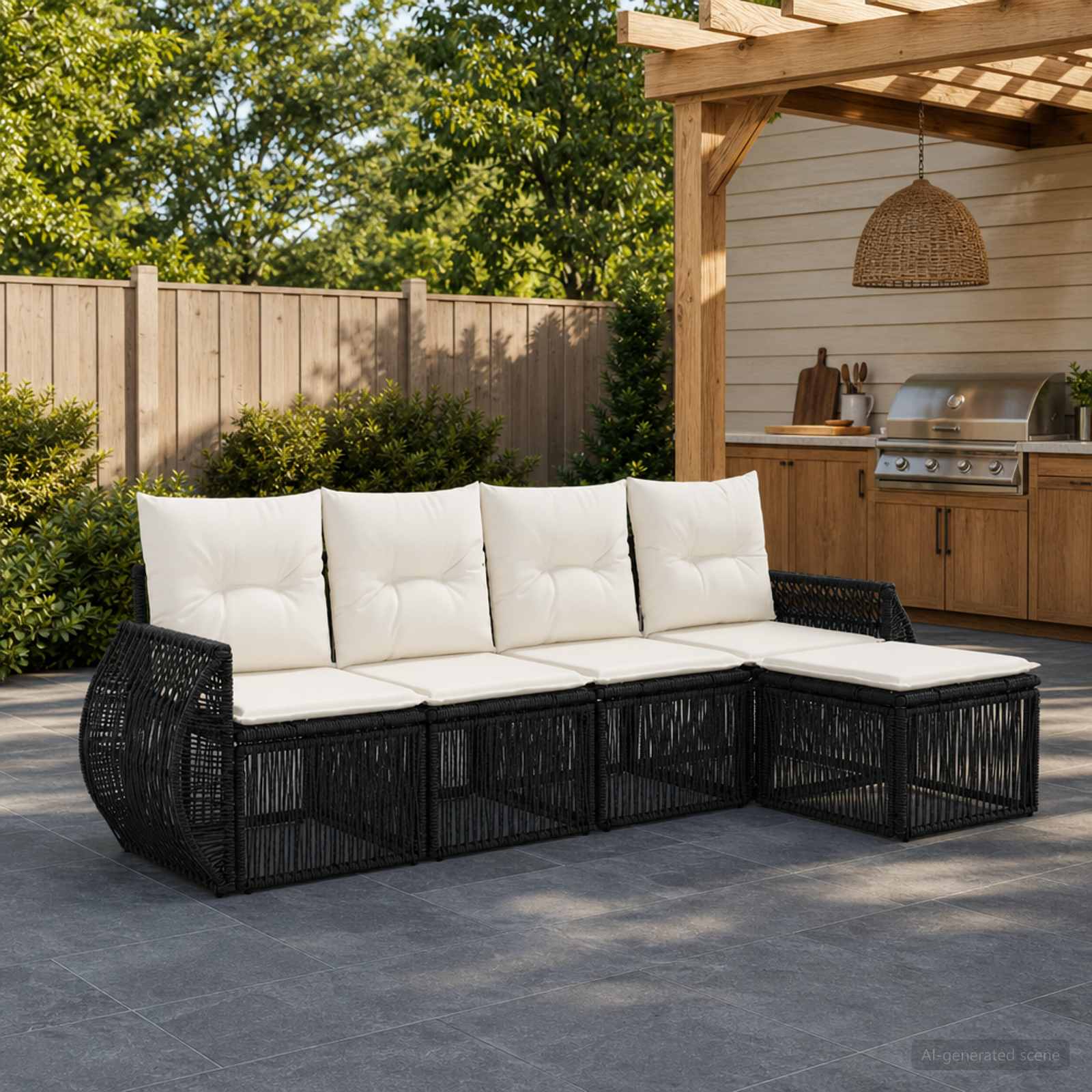 Gartensofa-set 5 stk. Schwarz und Cremeweiß Poly-Rattan