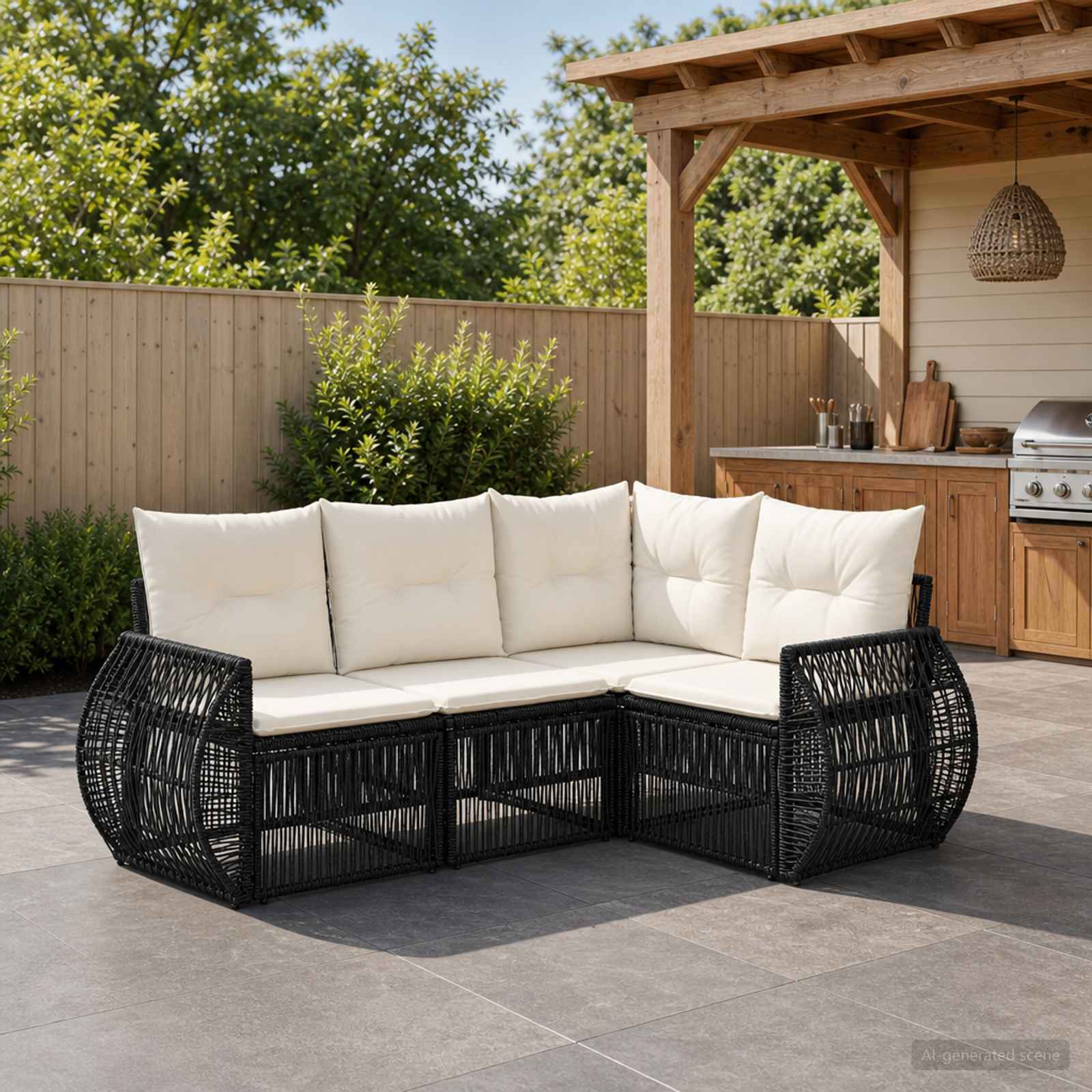 Gartensofa-set 4 stk. Schwarz und Cremeweiß Poly-Rattan
