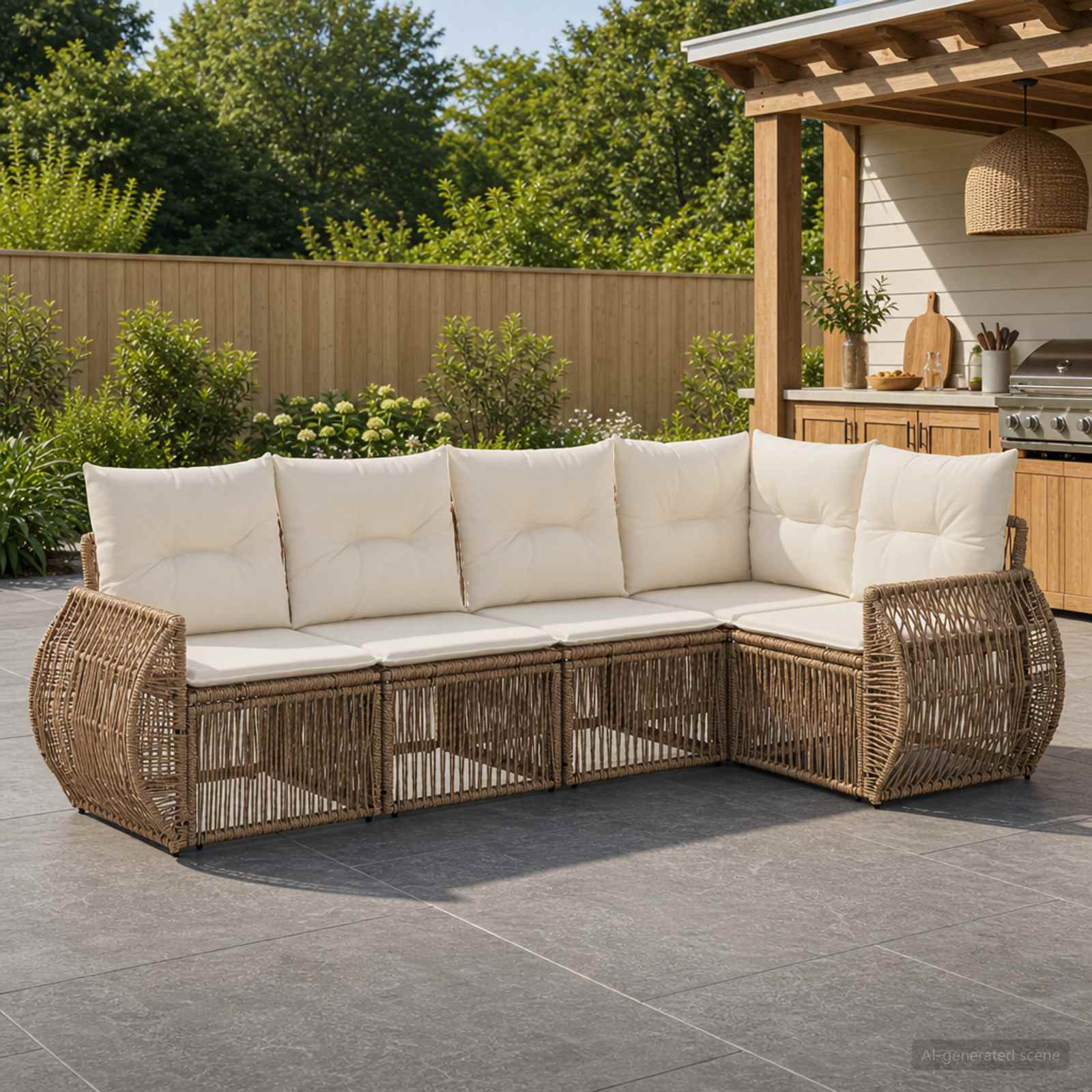 Gartensofa-set 5 stk. Beige und Cremeweiß Poly-Rattan